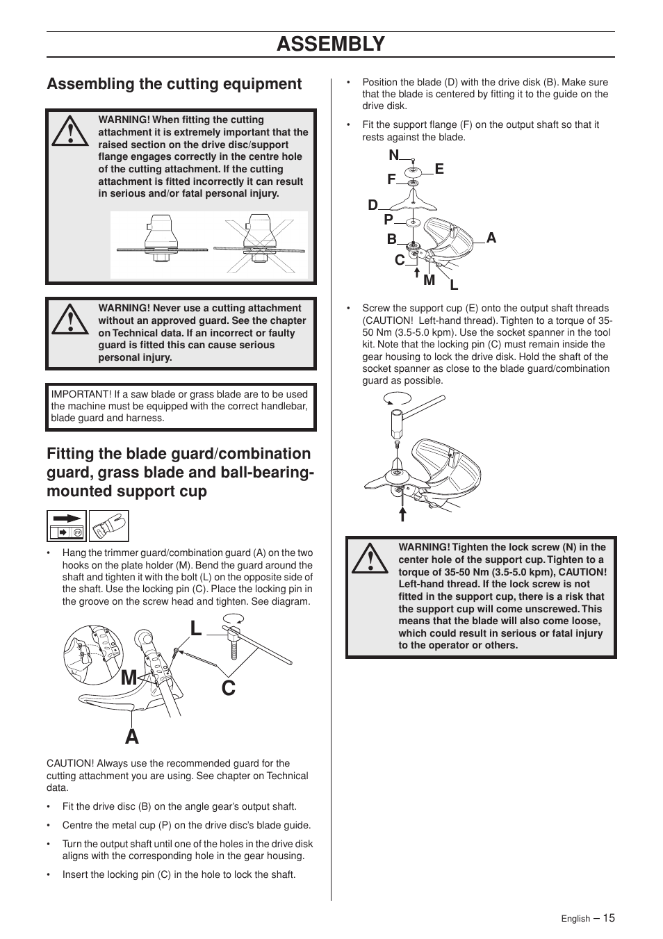 Assembling the cutting equipment, La m c, Assembly | Jonsered FC 2145S User Manual | Page 15 / 44