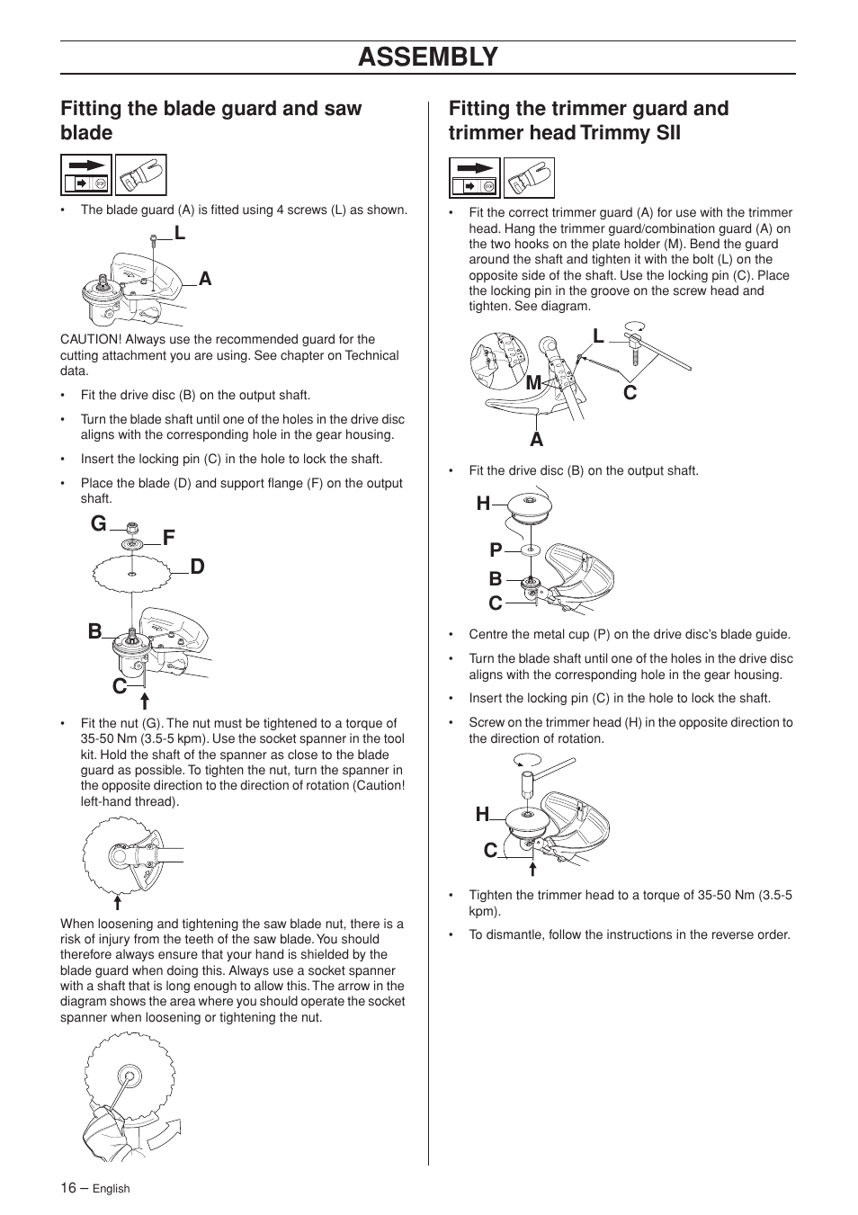 Fitting the blade guard and saw blade, Assembly, Fg d b c | Jonsered FC 2145S User Manual | Page 16 / 44