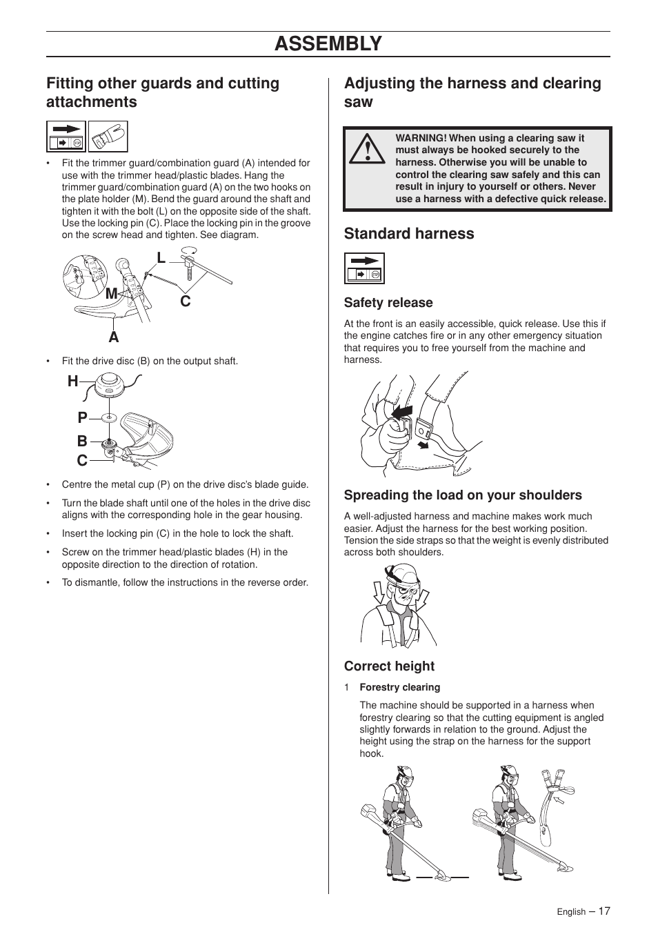 Fitting other guards and cutting attachments, Adjusting the harness and clearing saw, Standard harness | Safety release, Spreading the load on your shoulders, Correct height, Assembly, Bh p c | Jonsered FC 2145S User Manual | Page 17 / 44