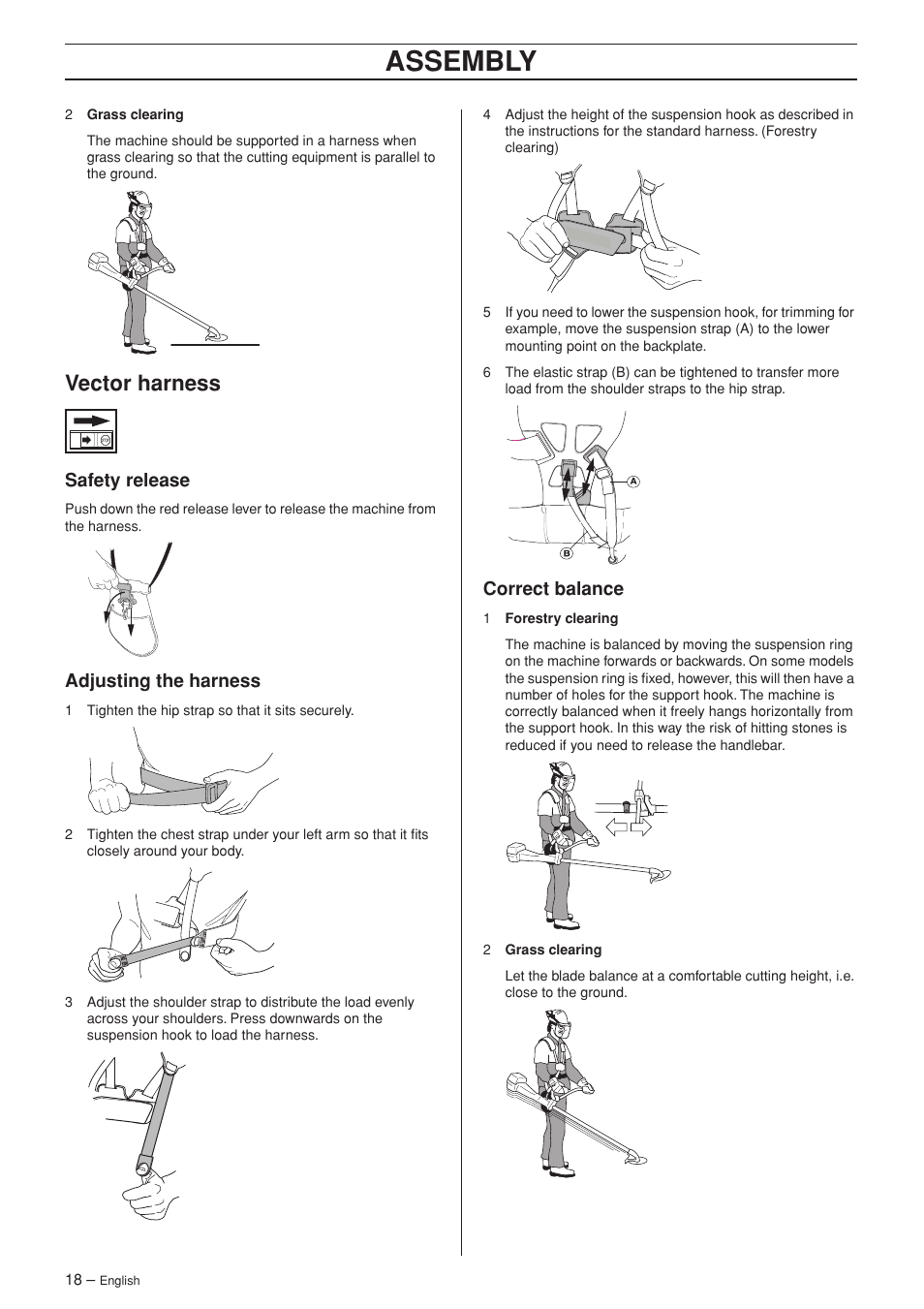 Vector harness, Safety release, Adjusting the harness | Correct balance, Assembly | Jonsered FC 2145S User Manual | Page 18 / 44