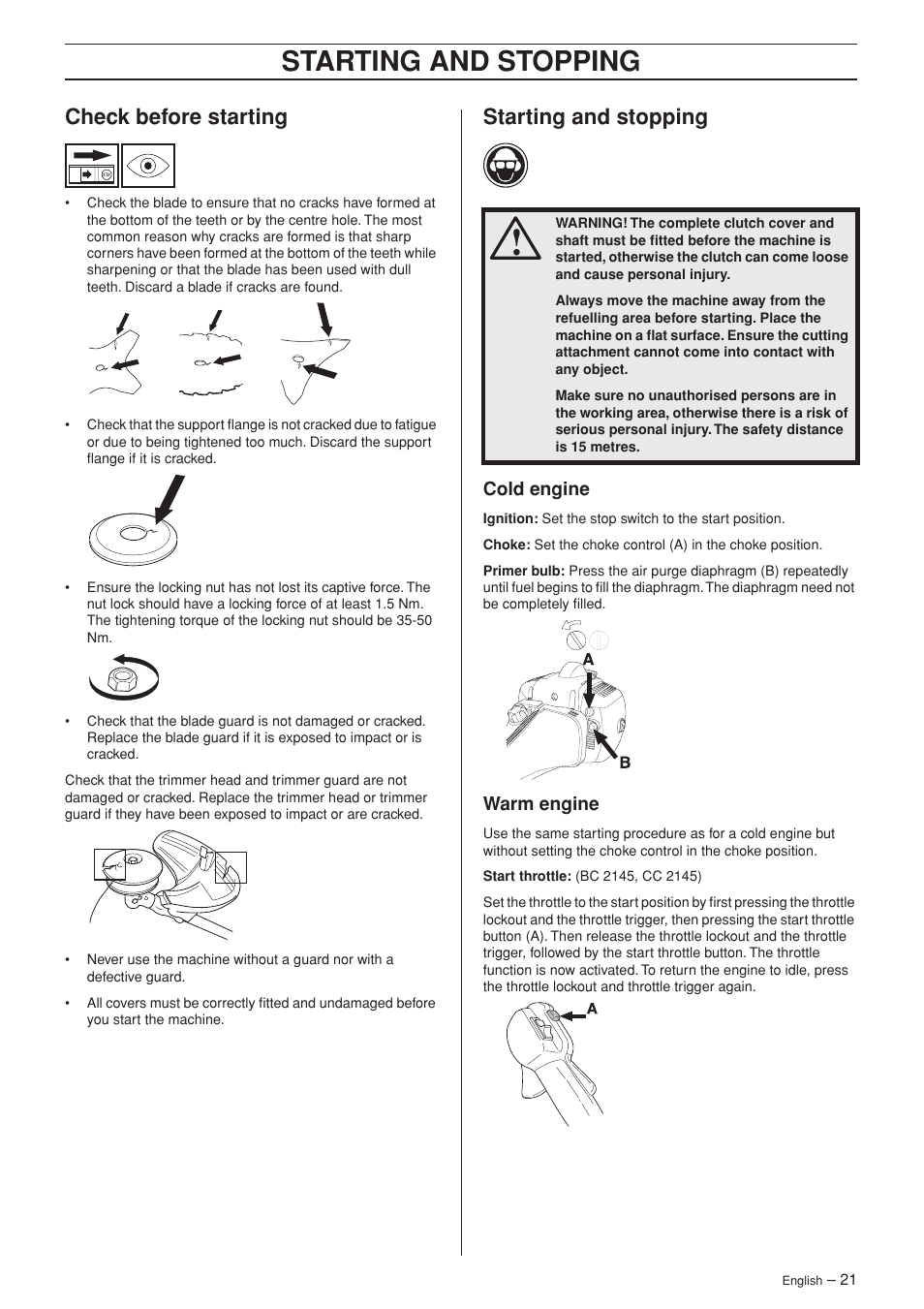 Check before starting, Starting and stopping, Cold engine | Warm engine | Jonsered FC 2145S User Manual | Page 21 / 44