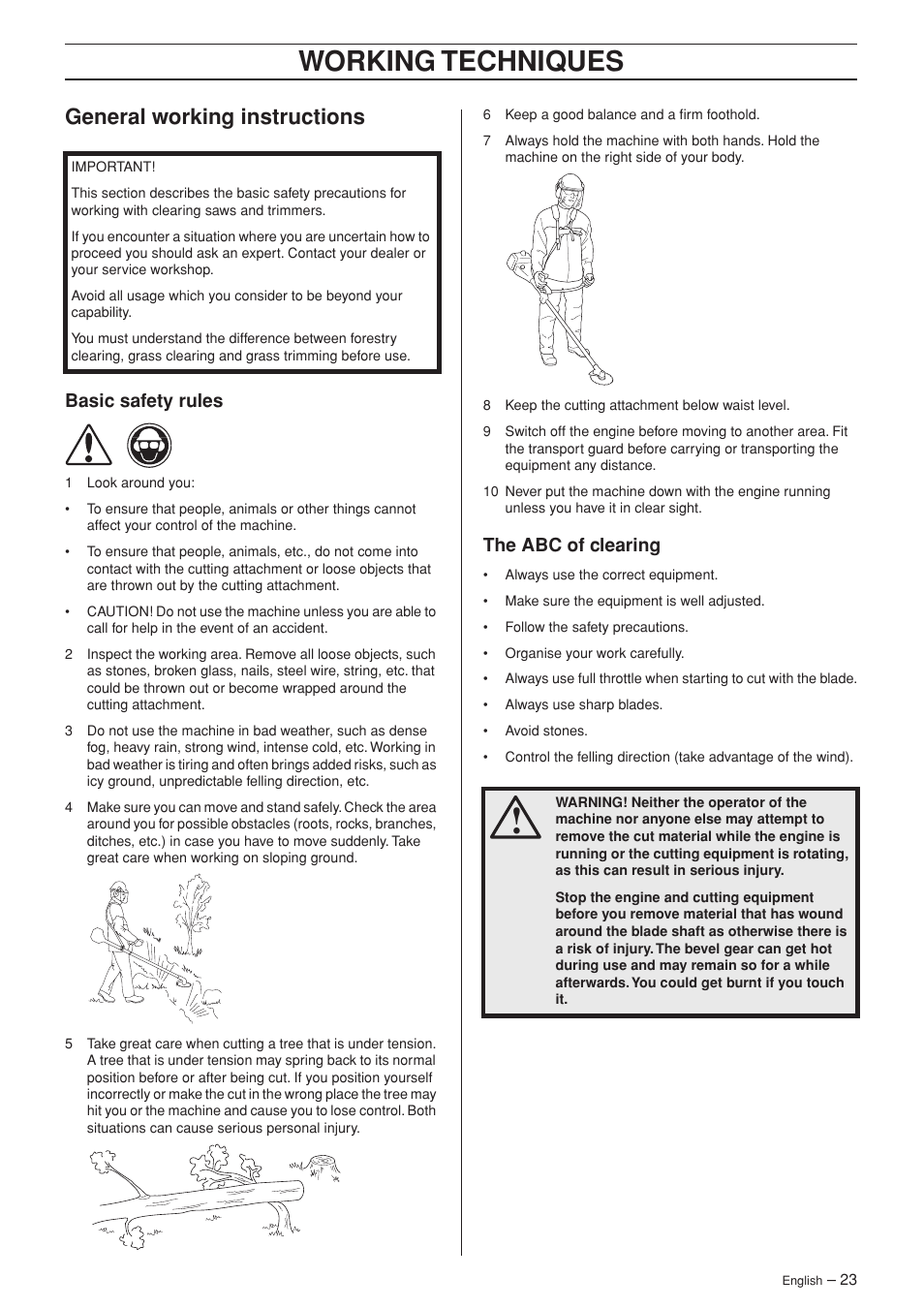 General working instructions, Basic safety rules, The abc of clearing | Working techniques | Jonsered FC 2145S User Manual | Page 23 / 44