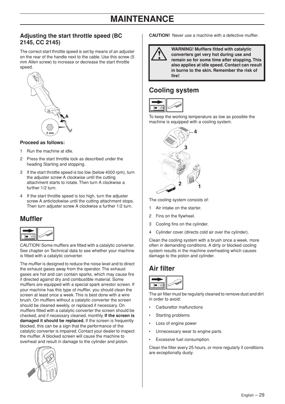 Muffler, Cooling system, Air filter | Maintenance | Jonsered FC 2145S User Manual | Page 29 / 44