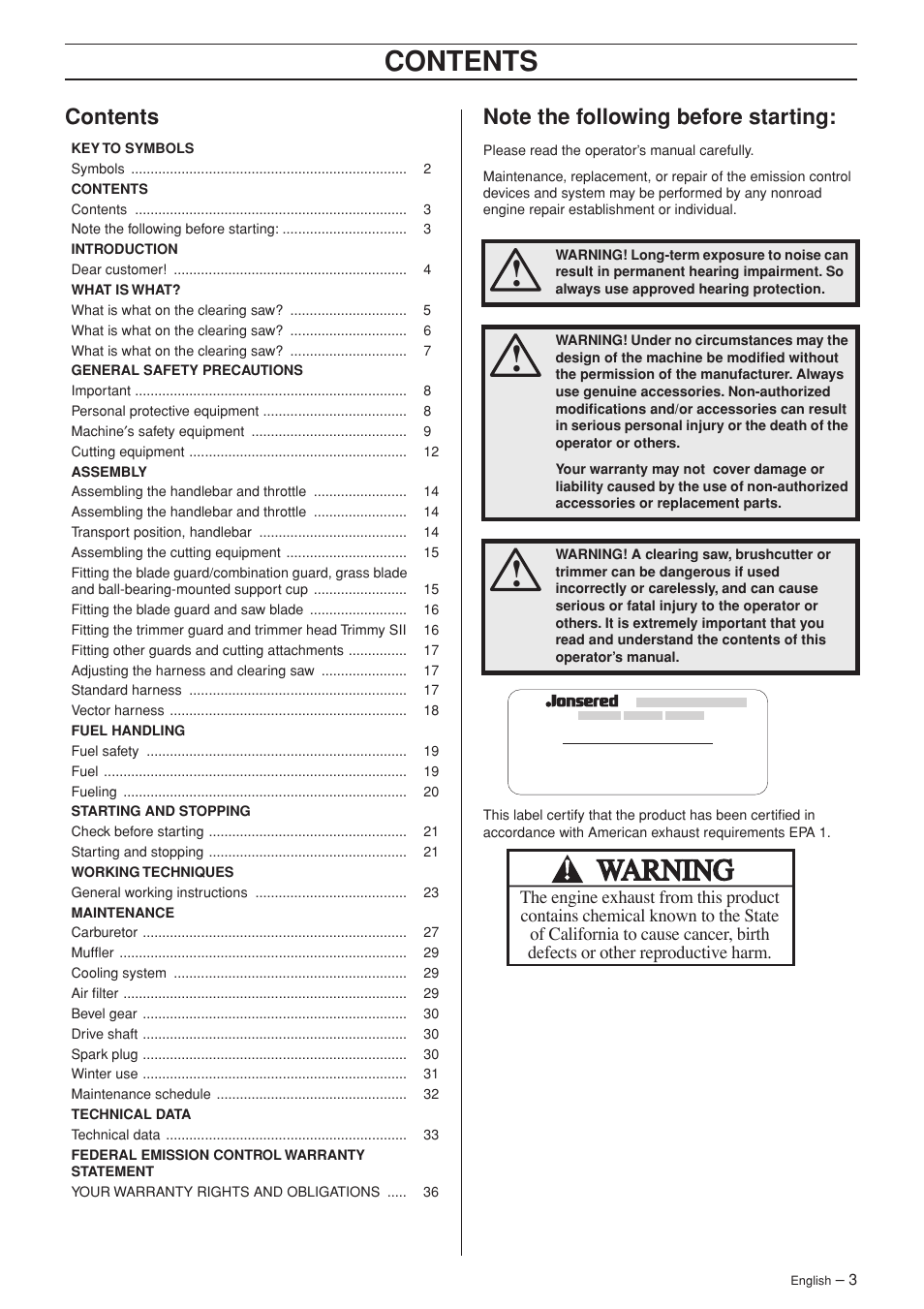 Jonsered FC 2145S User Manual | Page 3 / 44