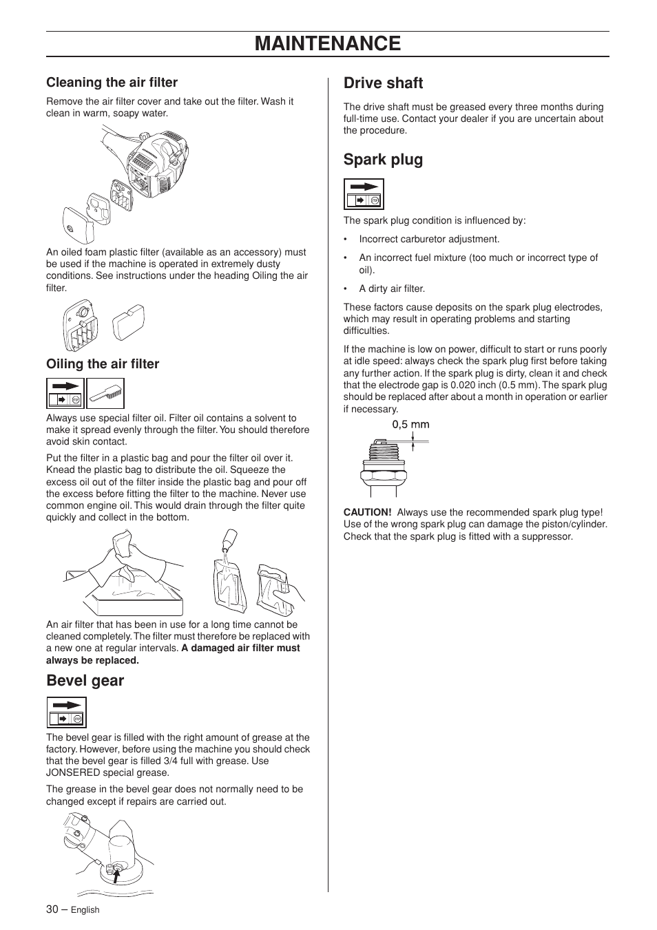 Cleaning the air filter, Oiling the air filter, Bevel gear | Drive shaft, Spark plug, Maintenance | Jonsered FC 2145S User Manual | Page 30 / 44