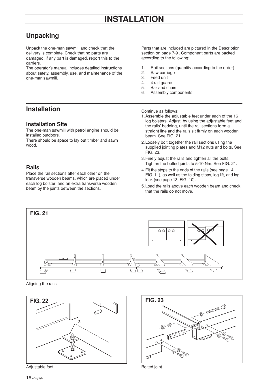 Installation, Unpacking, Installation site | Rails | Jonsered SM 2186 User Manual | Page 16 / 36