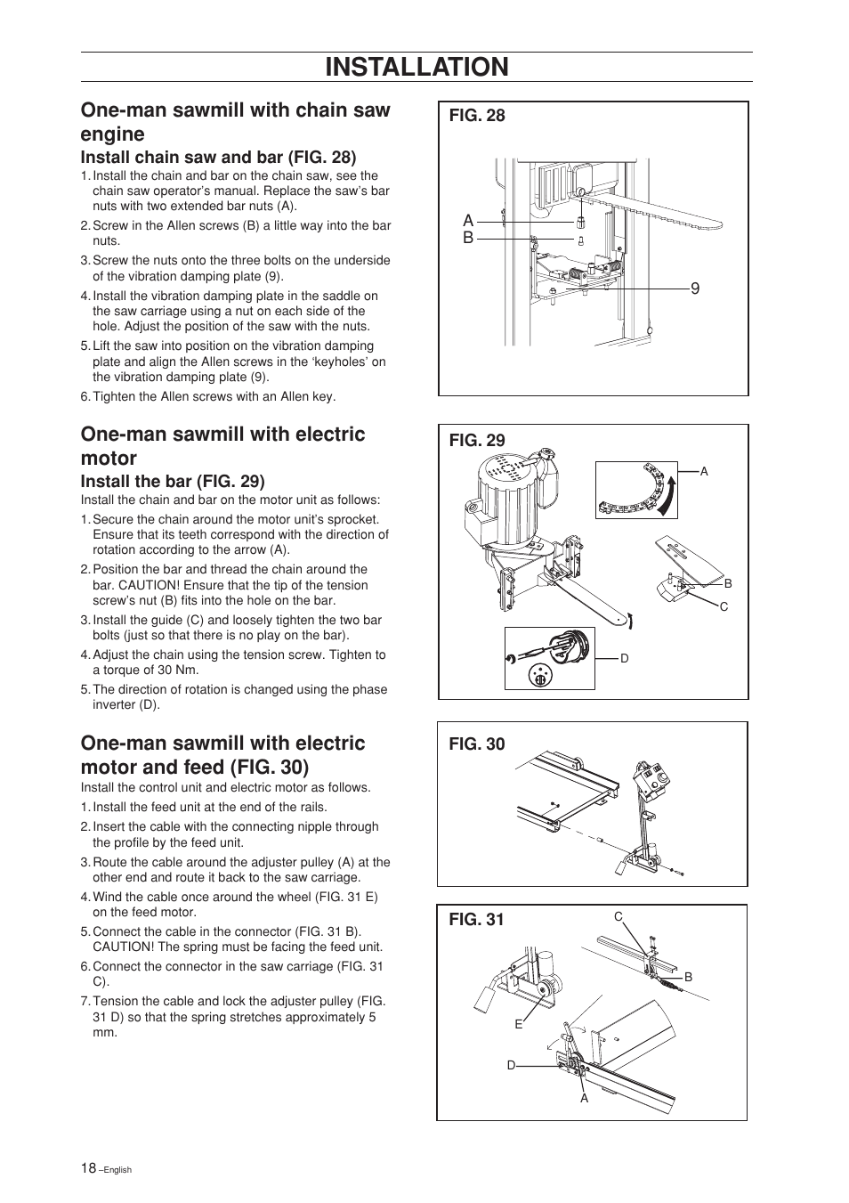 Installation, One-man sawmill with chain saw engine, One-man sawmill with electric motor | Install chain saw and bar (fig. 28), Install the bar (fig. 29) | Jonsered SM 2186 User Manual | Page 18 / 36