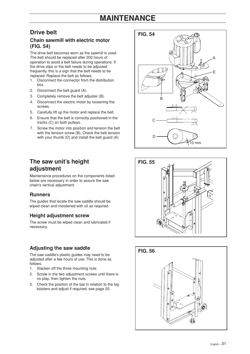 Maintenance, Drive belt, The saw unit’s height adjustment | Chain sawmill with electric motor (fig. 54), Adjusting the saw saddle, Runners, Height adjustment screw | Jonsered SM 2186 User Manual | Page 31 / 36