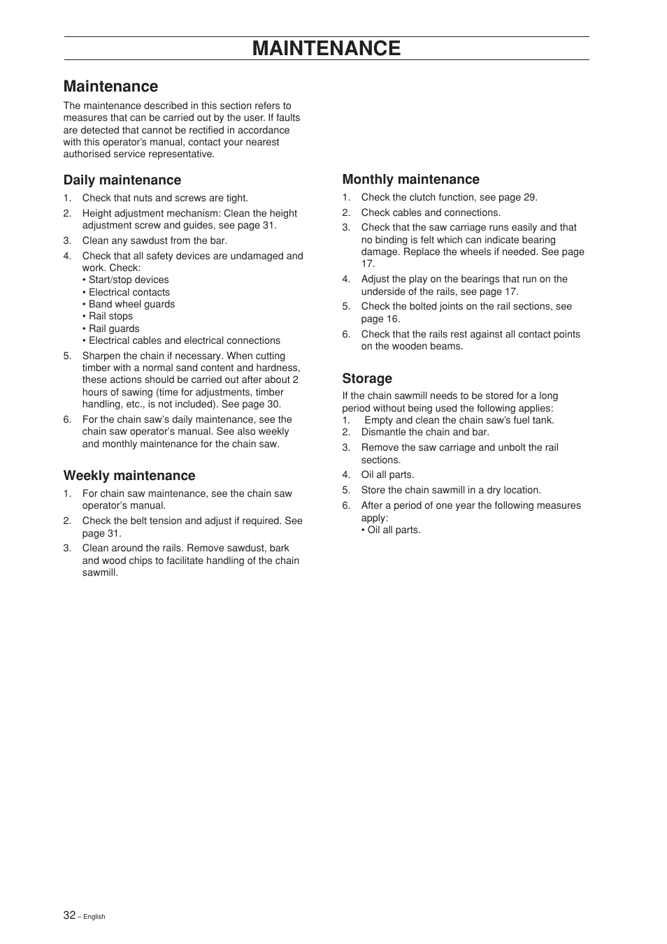 Maintenance, Daily maintenance, Weekly maintenance | Monthly maintenance, Storage | Jonsered SM 2186 User Manual | Page 32 / 36