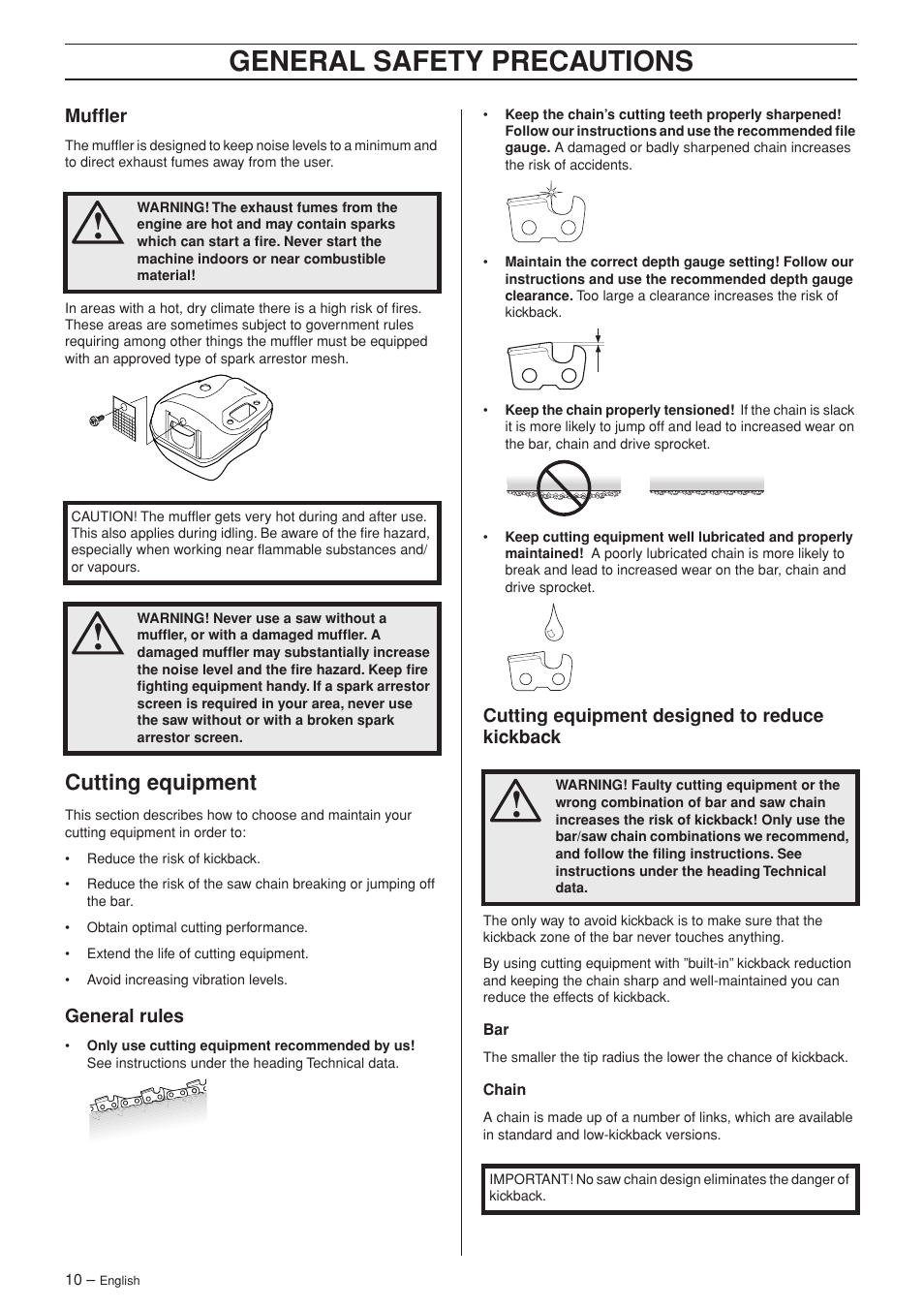 Muffler, Cutting equipment, General rules | Cutting equipment designed to reduce kickback, General safety precautions | Jonsered CS 2139T User Manual | Page 10 / 36