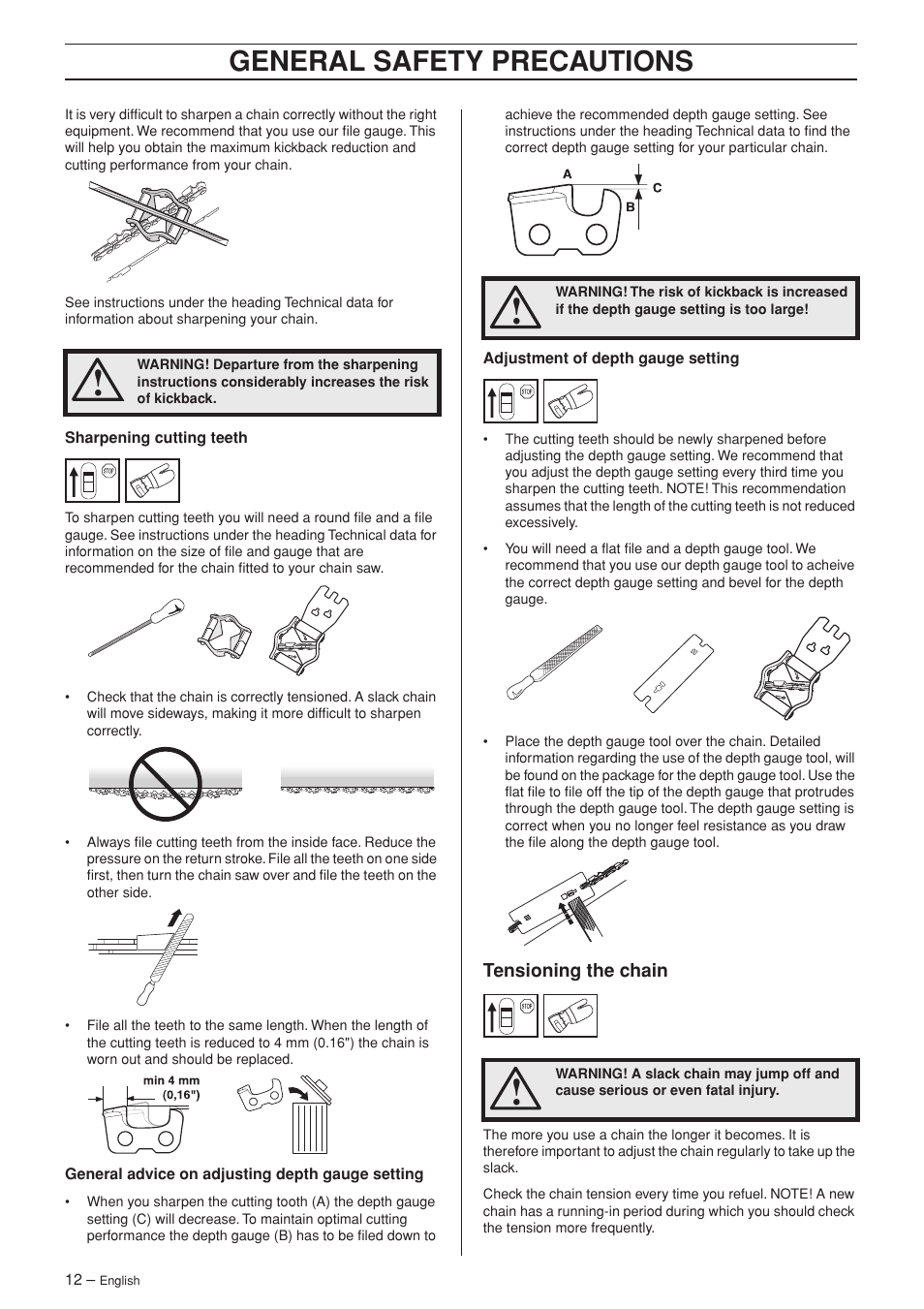 Tensioning the chain, General safety precautions | Jonsered CS 2139T User Manual | Page 12 / 36