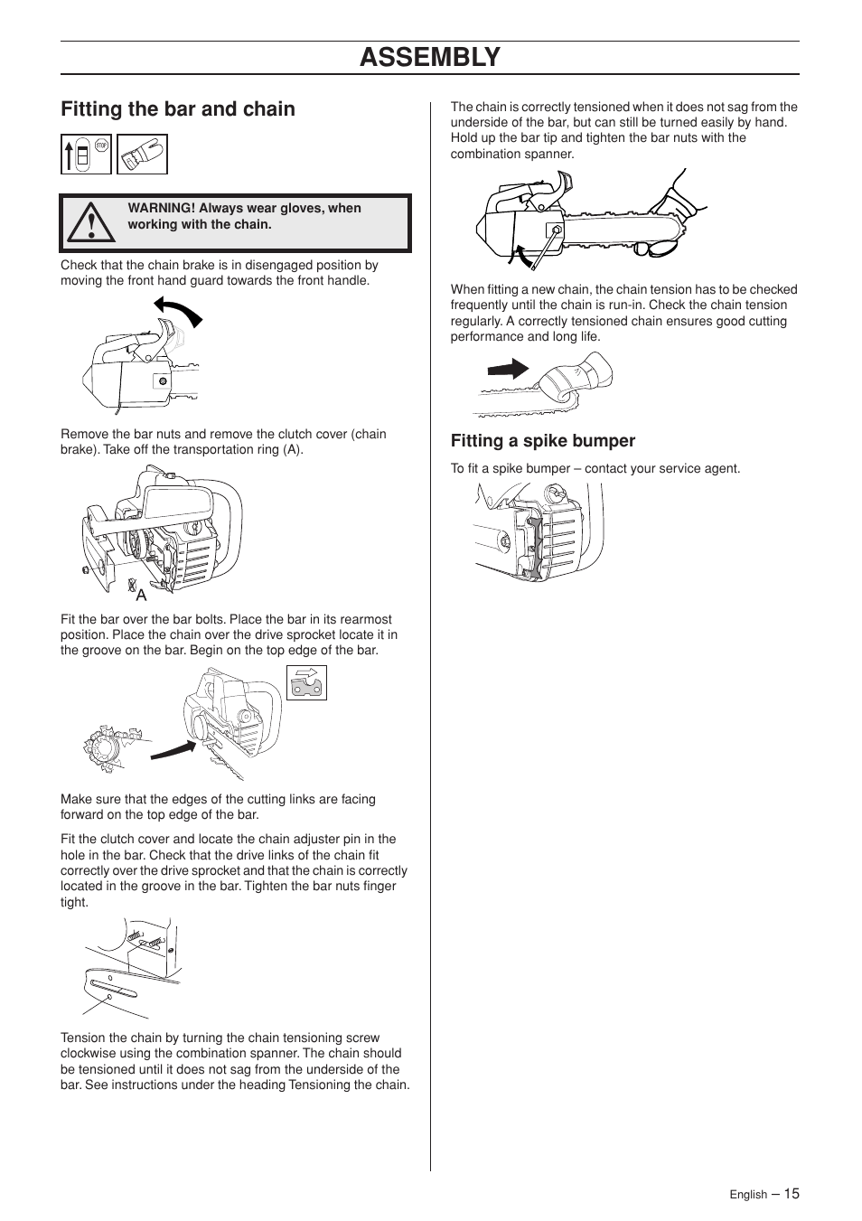 Fitting the bar and chain, Fitting a spike bumper, Assembly | Jonsered CS 2139T User Manual | Page 15 / 36