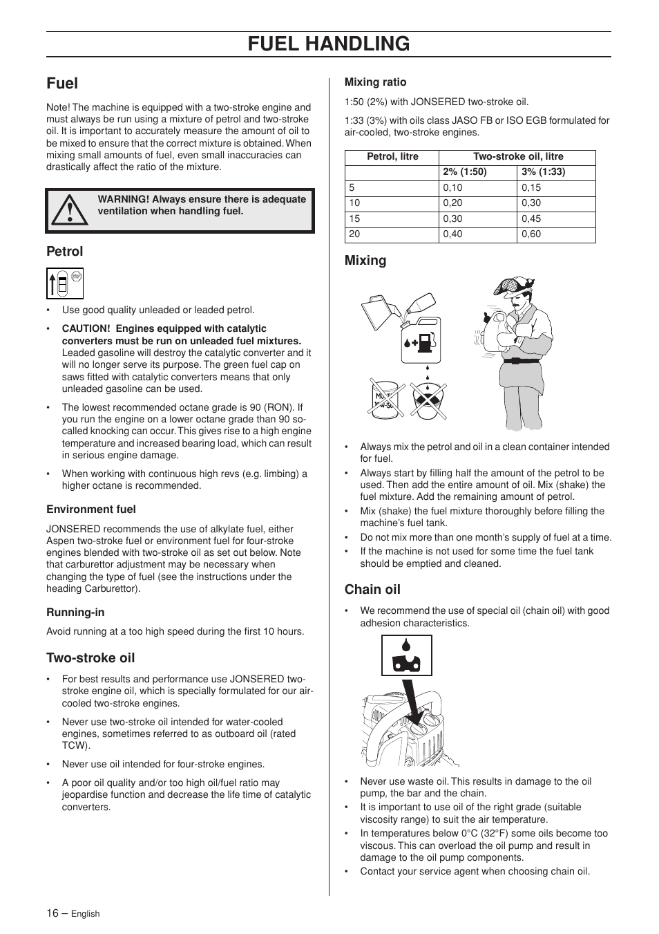 Fuel, Petrol, Two-stroke oil | Mixing, Chain oil, Fuel handling | Jonsered CS 2139T User Manual | Page 16 / 36