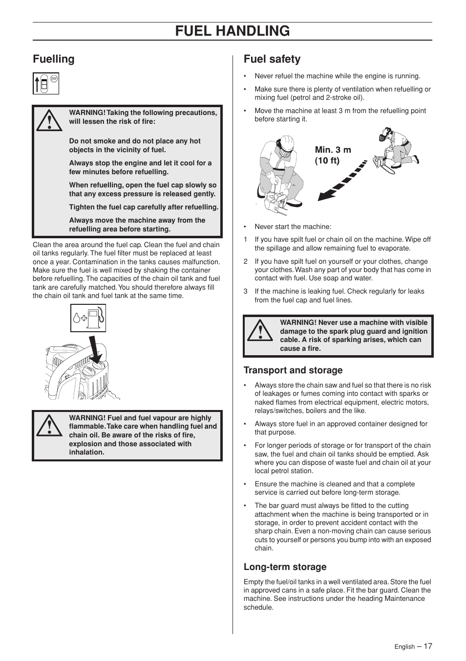 Fuelling, Fuel safety, Transport and storage | Long-term storage, Fuel handling | Jonsered CS 2139T User Manual | Page 17 / 36