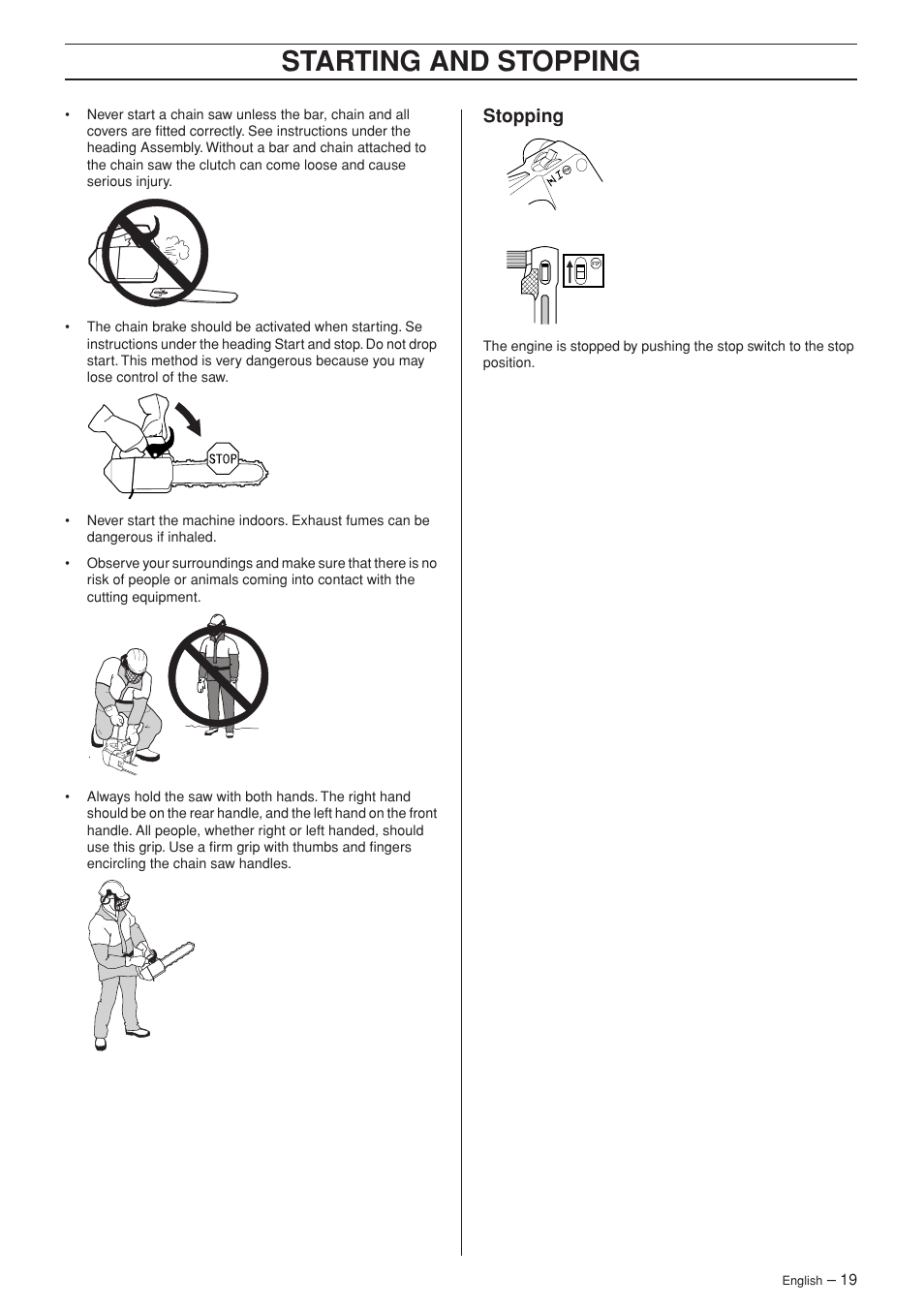 Stopping, Starting and stopping | Jonsered CS 2139T User Manual | Page 19 / 36