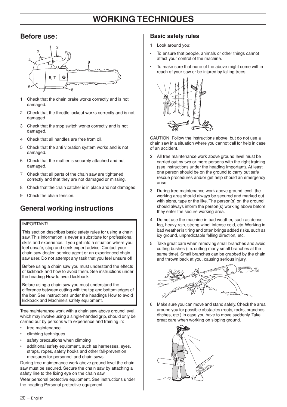 Before use, General working instructions, Basic safety rules | Working techniques | Jonsered CS 2139T User Manual | Page 20 / 36