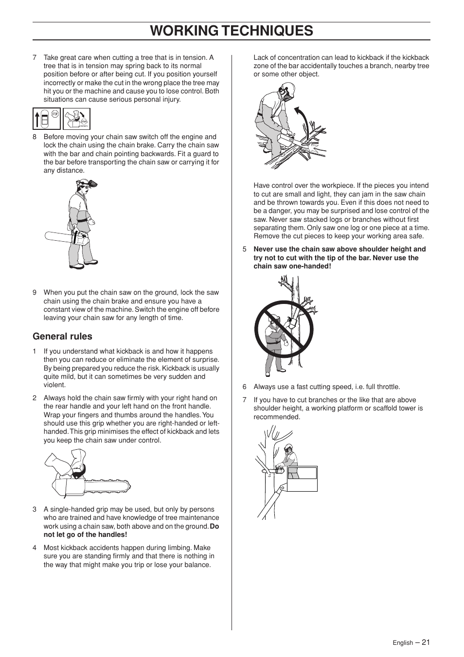 General rules, Working techniques | Jonsered CS 2139T User Manual | Page 21 / 36