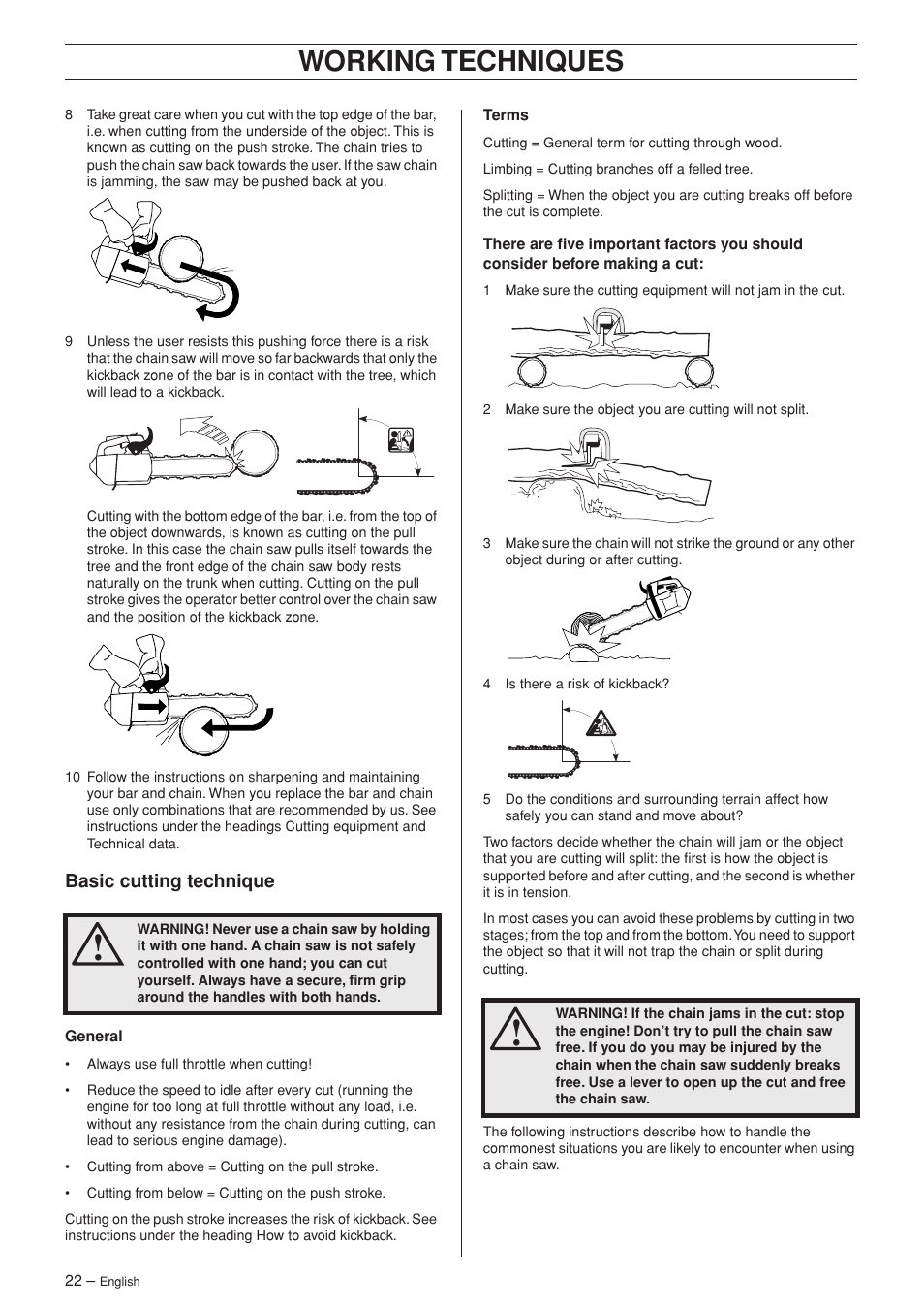 Basic cutting technique, Working techniques | Jonsered CS 2139T User Manual | Page 22 / 36