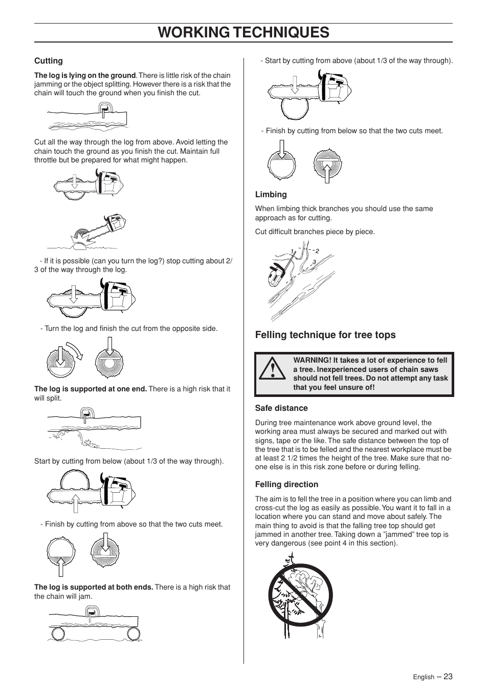 Felling technique for tree tops, Working techniques | Jonsered CS 2139T User Manual | Page 23 / 36