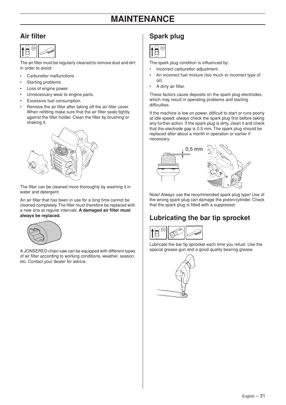 Air filter, Spark plug, Lubricating the bar tip sprocket | Maintenance | Jonsered CS 2139T User Manual | Page 31 / 36