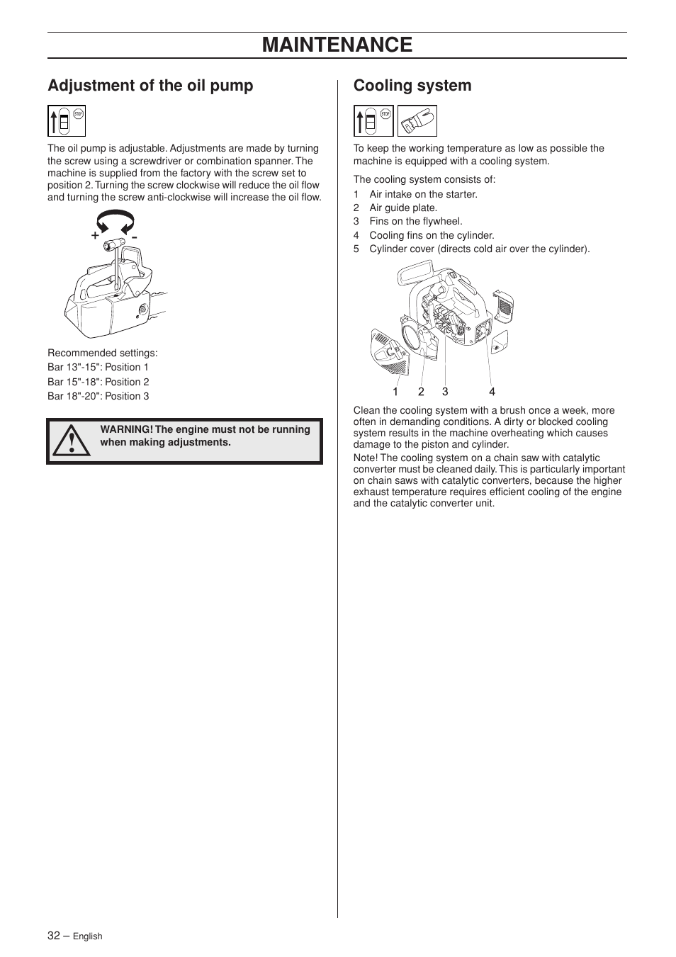 Adjustment of the oil pump, Cooling system, Maintenance | Jonsered CS 2139T User Manual | Page 32 / 36