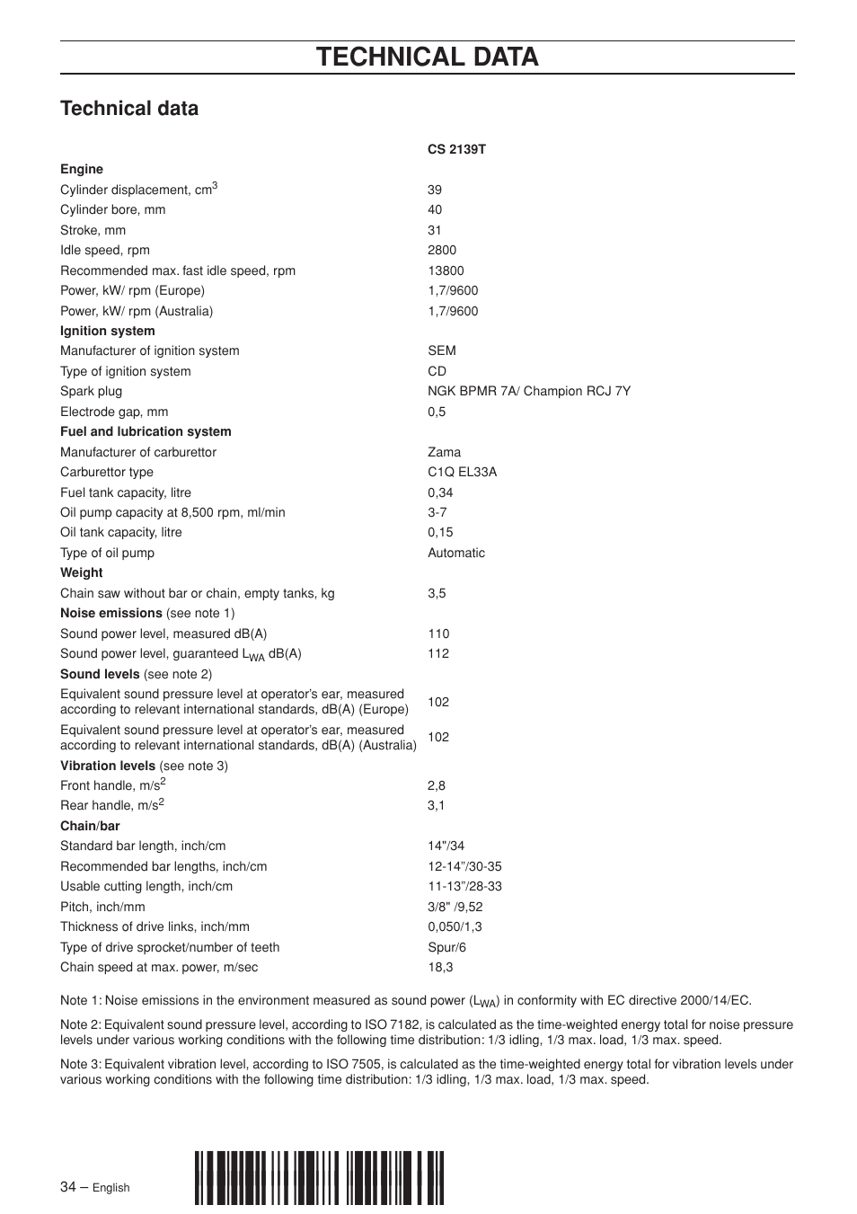 Technical data, Z+rvh¶6 | Jonsered CS 2139T User Manual | Page 34 / 36