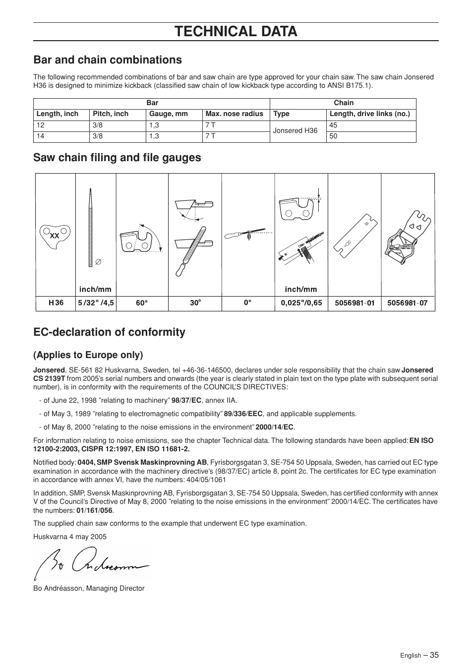 Bar and chain combinations, Saw chain filing and file gauges, Ec-declaration of conformity | Applies to europe only), Technical data | Jonsered CS 2139T User Manual | Page 35 / 36