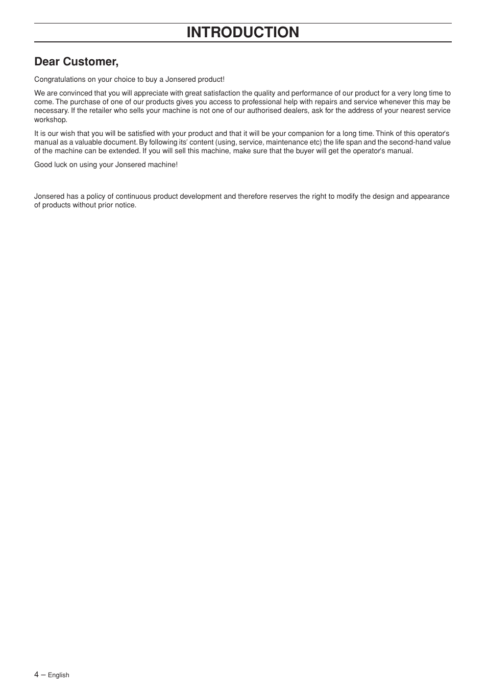 Dear customer, Intr oduction | Jonsered CS 2139T User Manual | Page 4 / 36