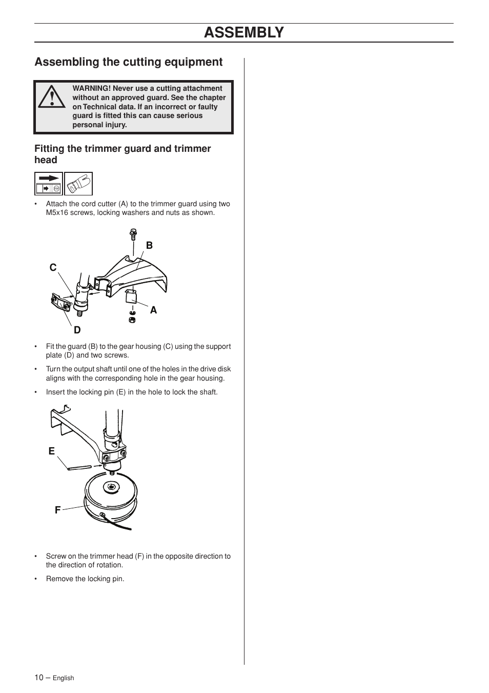 Assembling the cutting equipment, Fitting the trimmer guard and trimmer head, Assembly | Jonsered GT2123 User Manual | Page 10 / 24