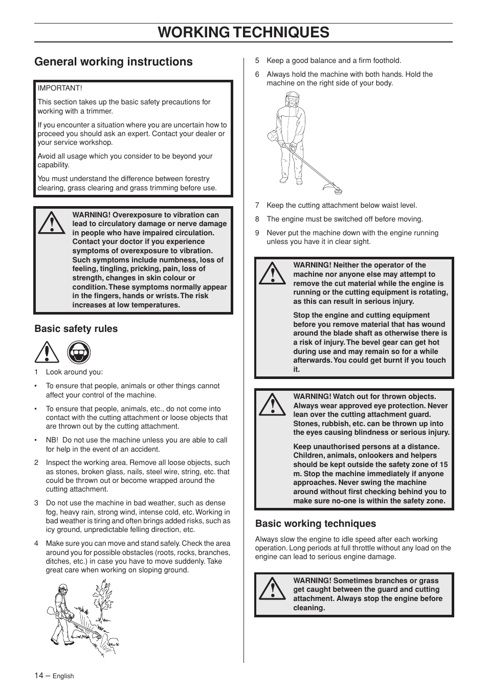 General working instructions, Basic safety rules, Basic working techniques | Working techniques | Jonsered GT2123 User Manual | Page 14 / 24