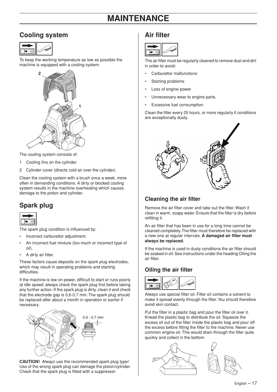 Cooling system, Spark plug, Air filter | Cleaning the air filter, Oiling the air filter, Maintenance | Jonsered GT2123 User Manual | Page 17 / 24