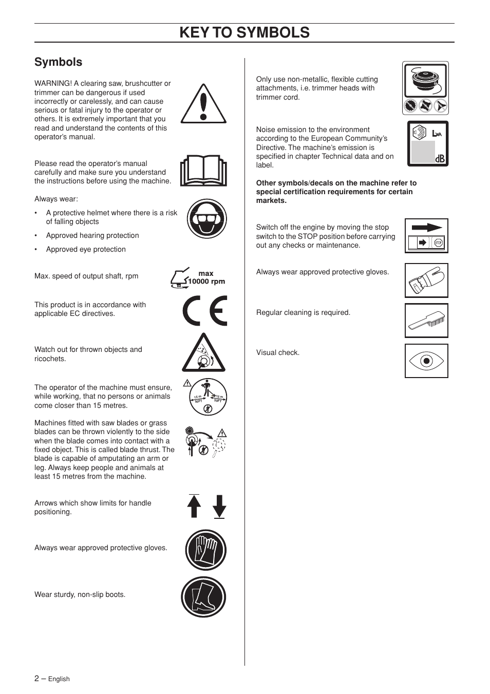 Symbols, Key t o symbols | Jonsered GT2123 User Manual | Page 2 / 24