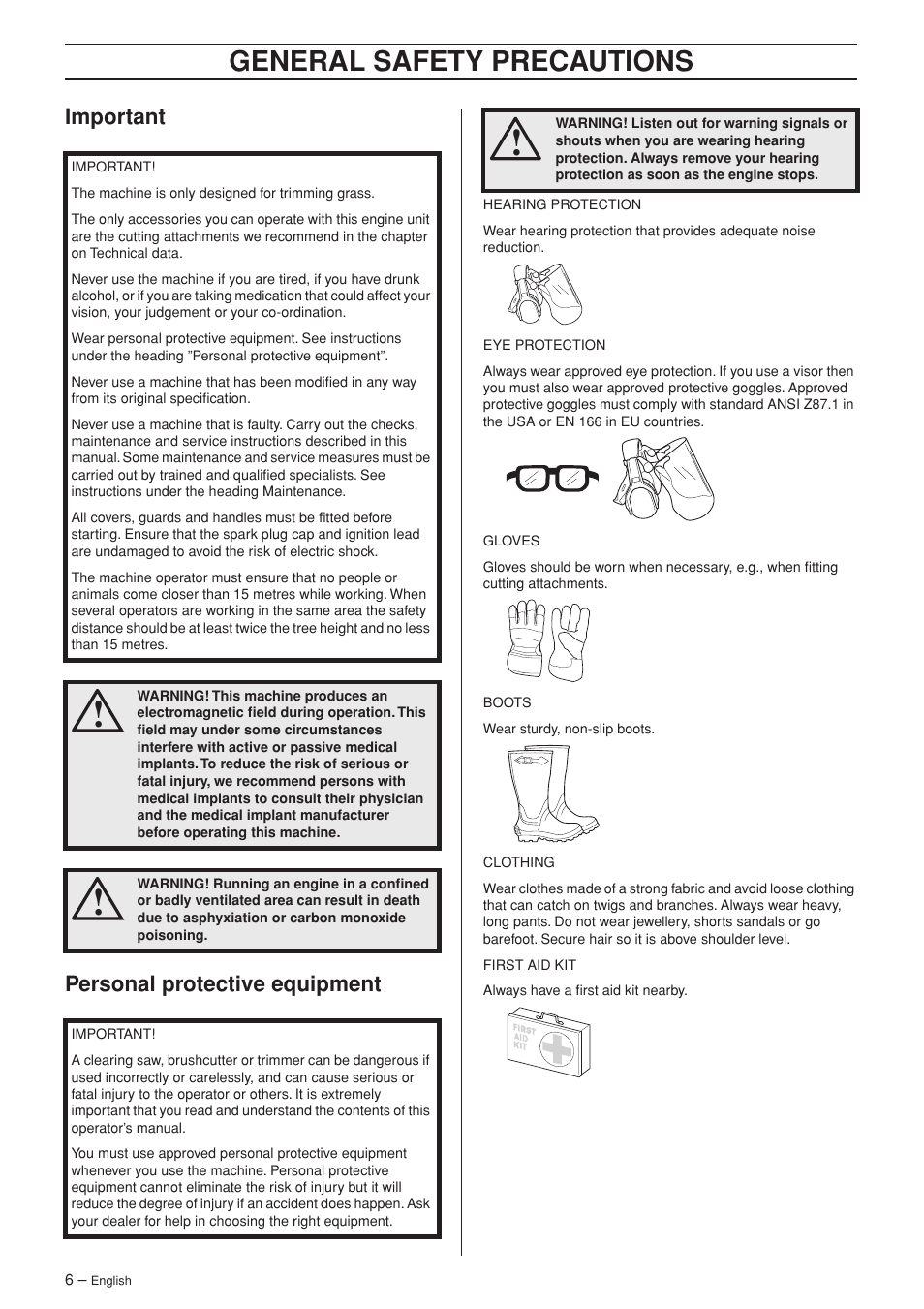 Important, Personal protective equipment, General safety preca utions | Impor tant personal protective equipment | Jonsered GT2123 User Manual | Page 6 / 24