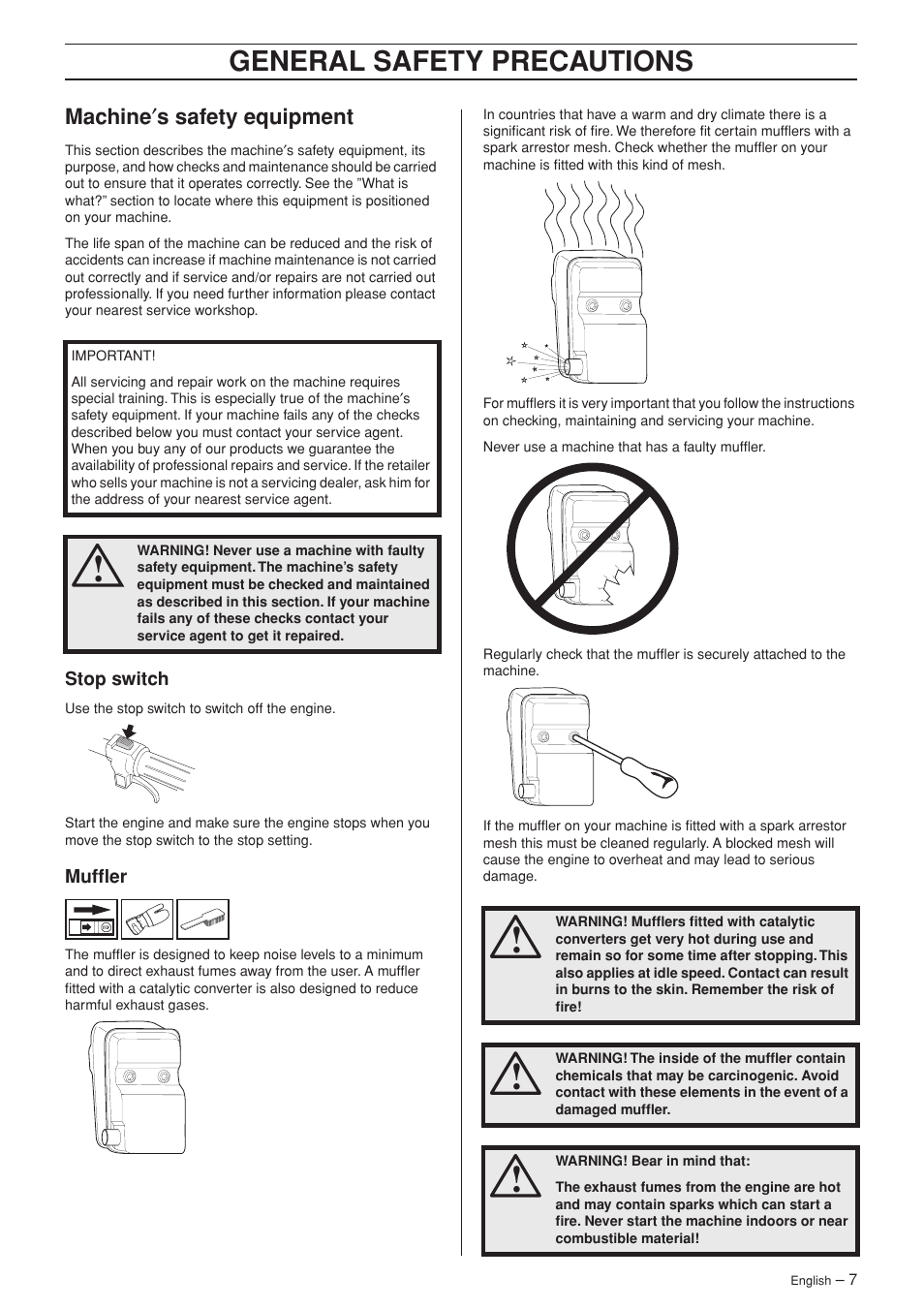 Machine¢s safety equipment, Stop switch, Muffler | General safety preca utions, Mac hine ′ s safety equipment | Jonsered GT2123 User Manual | Page 7 / 24
