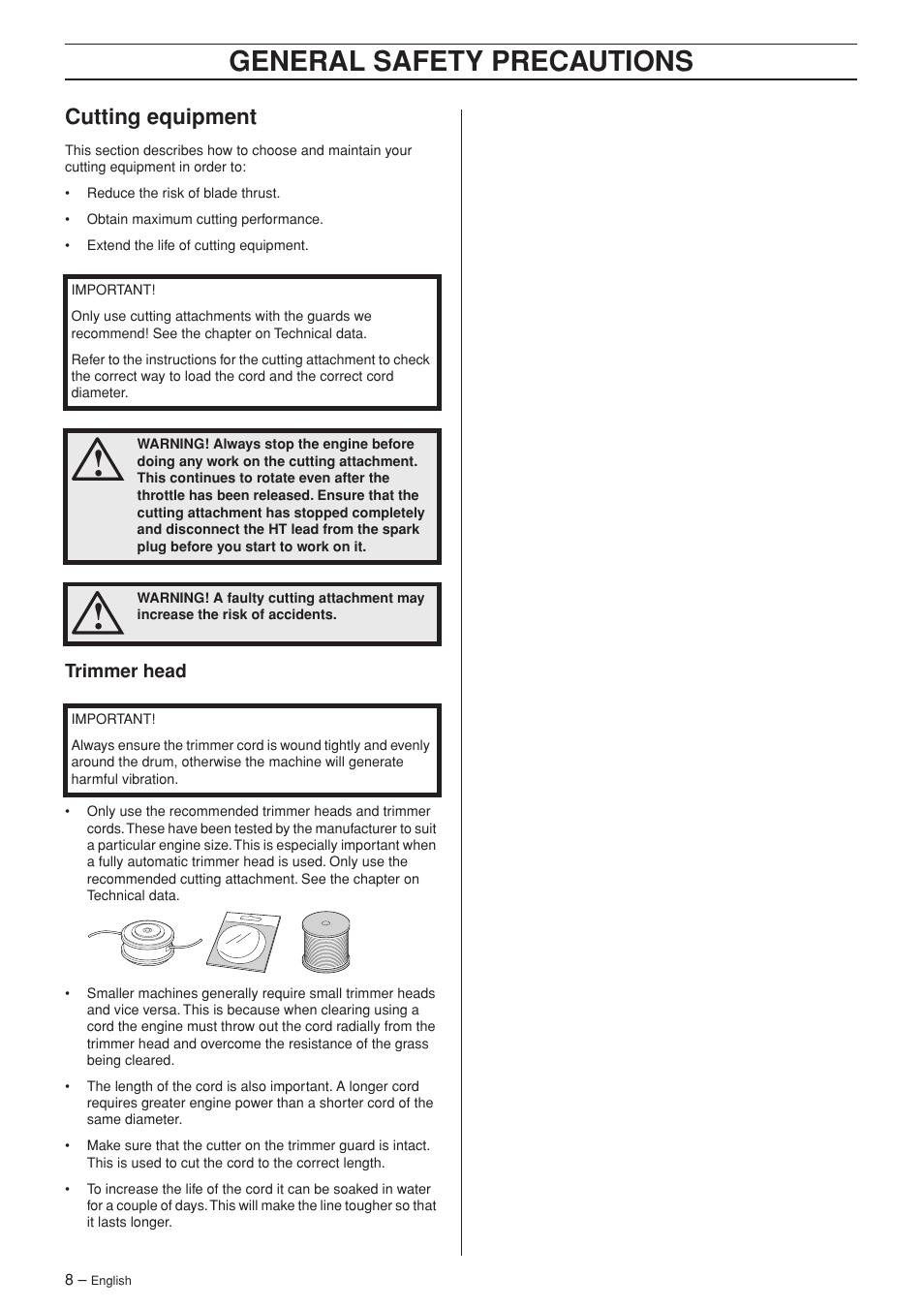 Cutting equipment, Trimmer head, General safety precautions | Jonsered GT2123 User Manual | Page 8 / 24