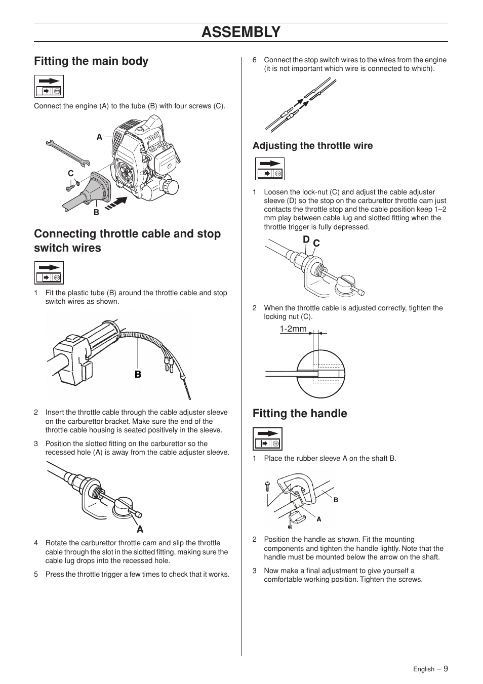 Fitting the main body, Connecting throttle cable and stop switch wires, Adjusting the throttle wire | Fitting the handle, Assembly | Jonsered GT2123 User Manual | Page 9 / 24