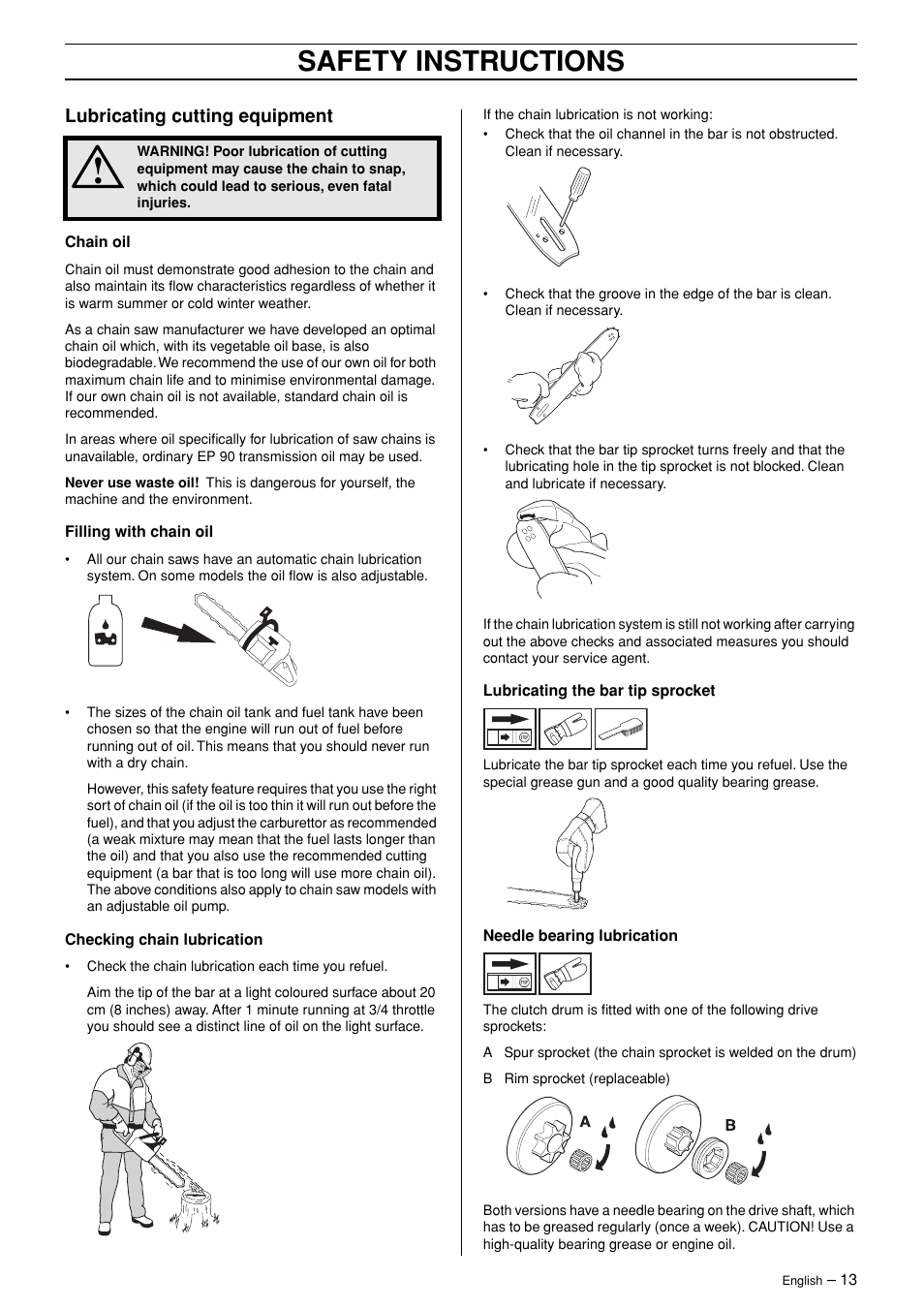 Safety instructions, Lubricating cutting equipment | Jonsered CS 2171WH User Manual | Page 13 / 40