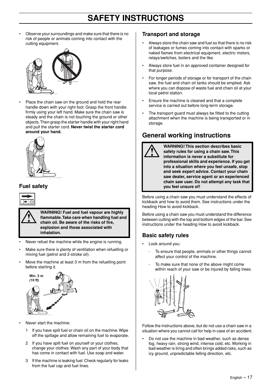 Safety instructions, General working instructions | Jonsered CS 2171WH User Manual | Page 17 / 40