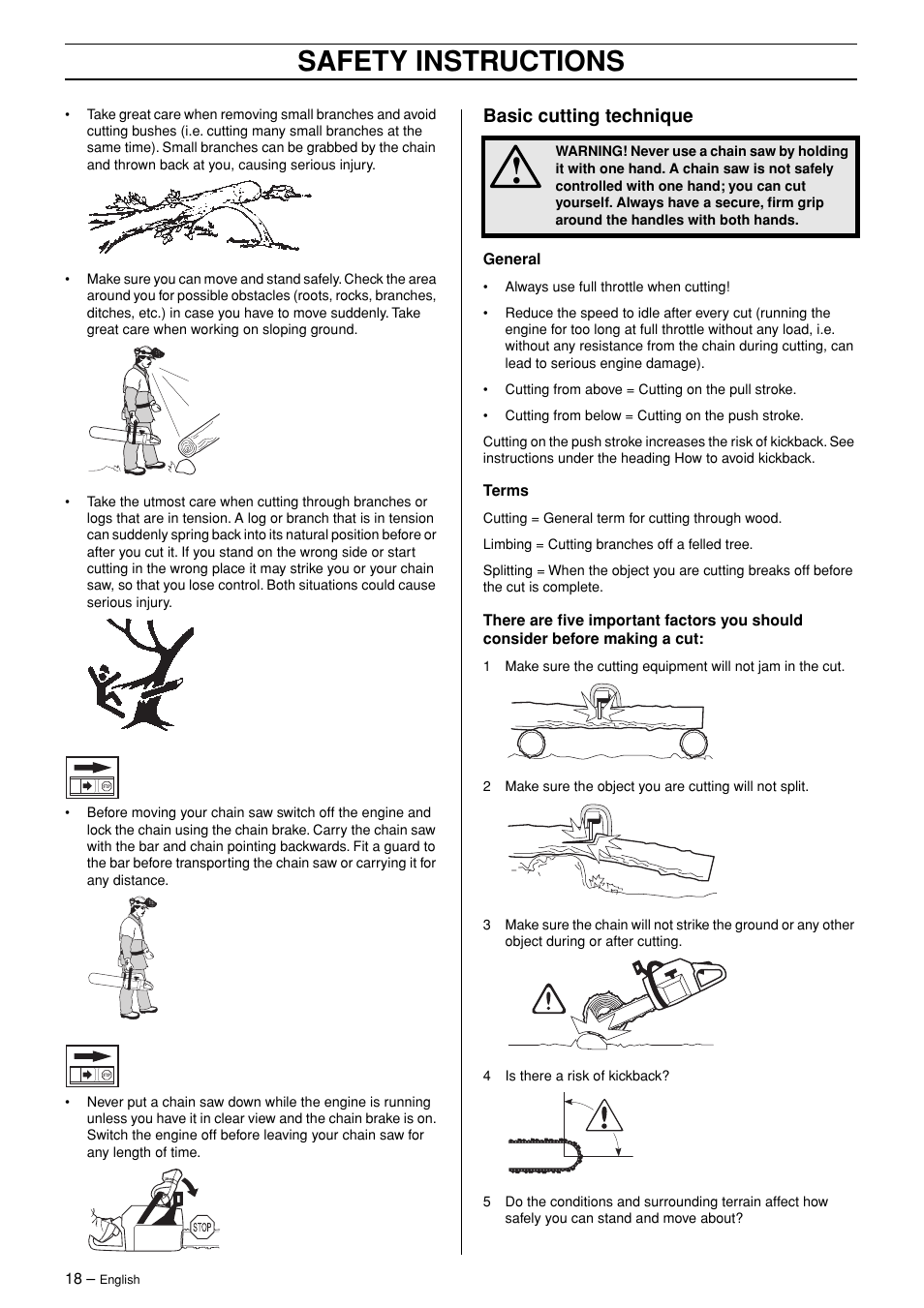 Safety instructions, Basic cutting technique | Jonsered CS 2171WH User Manual | Page 18 / 40