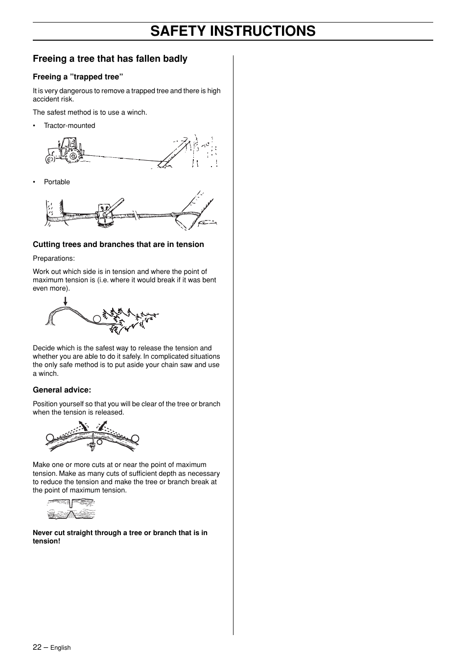 Safety instructions, Freeing a tree that has fallen badly | Jonsered CS 2171WH User Manual | Page 22 / 40
