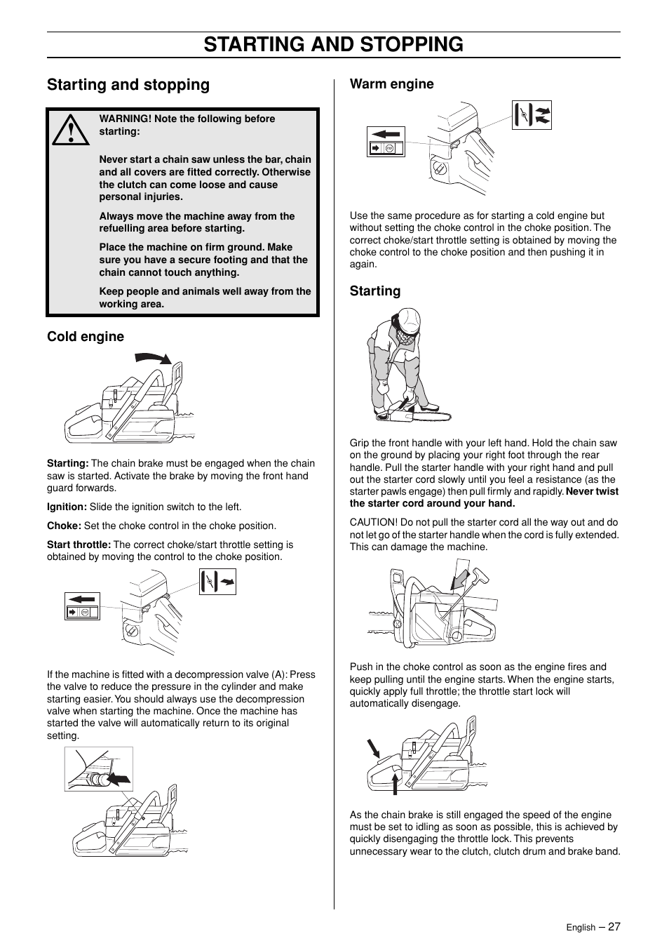 Starting and stopping | Jonsered CS 2171WH User Manual | Page 27 / 40