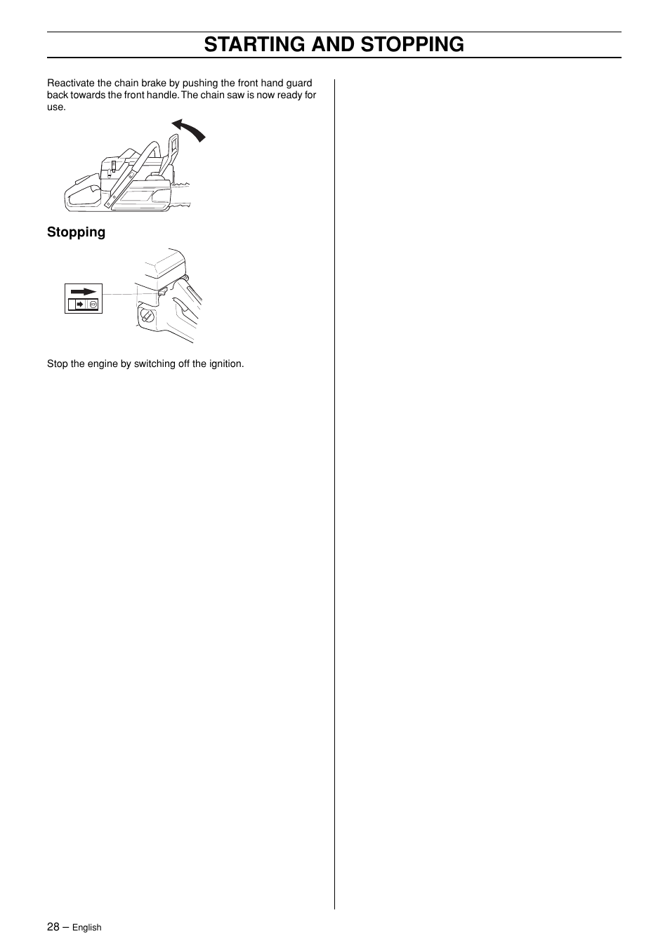 Starting and stopping | Jonsered CS 2171WH User Manual | Page 28 / 40
