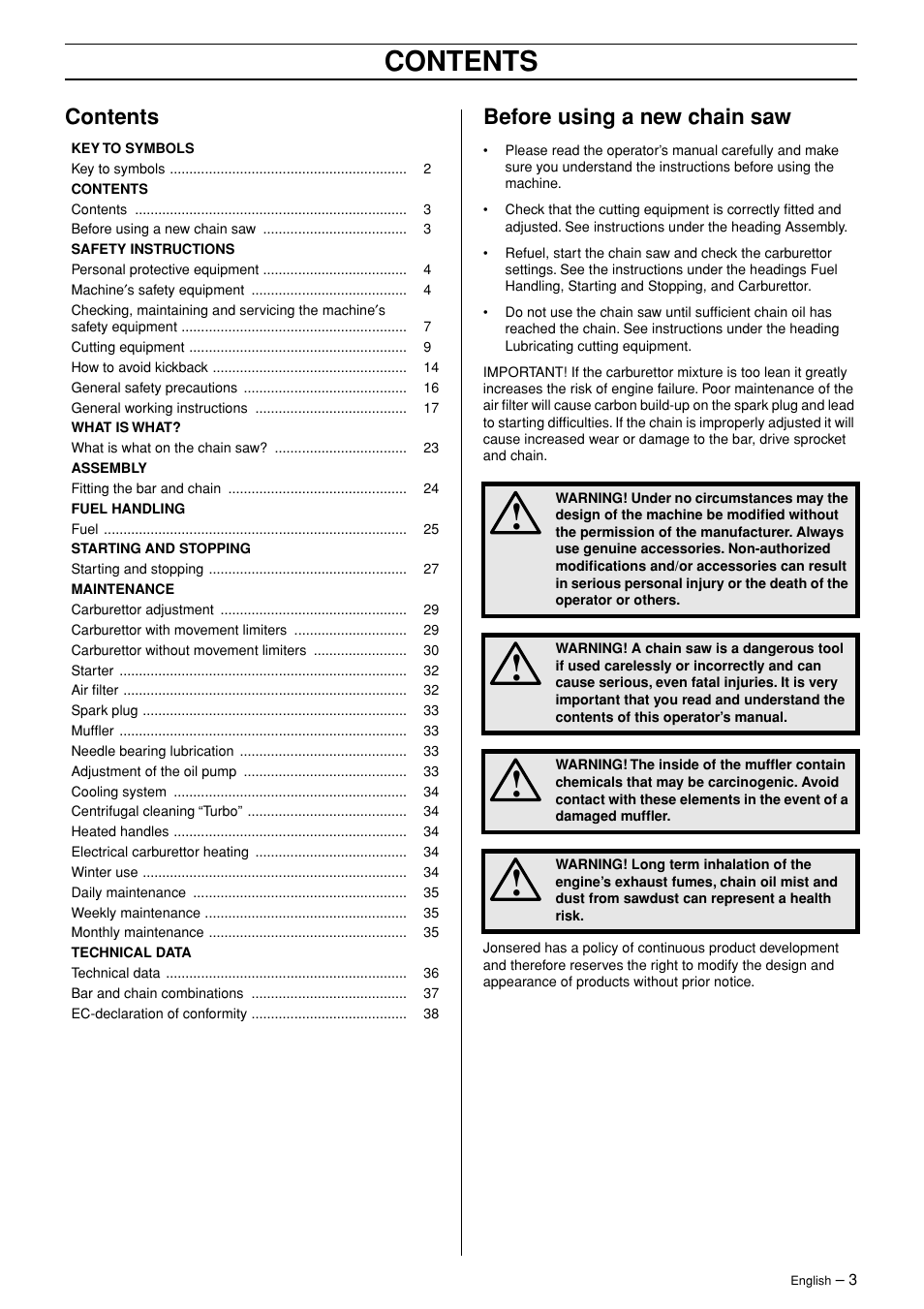 Jonsered CS 2171WH User Manual | Page 3 / 40