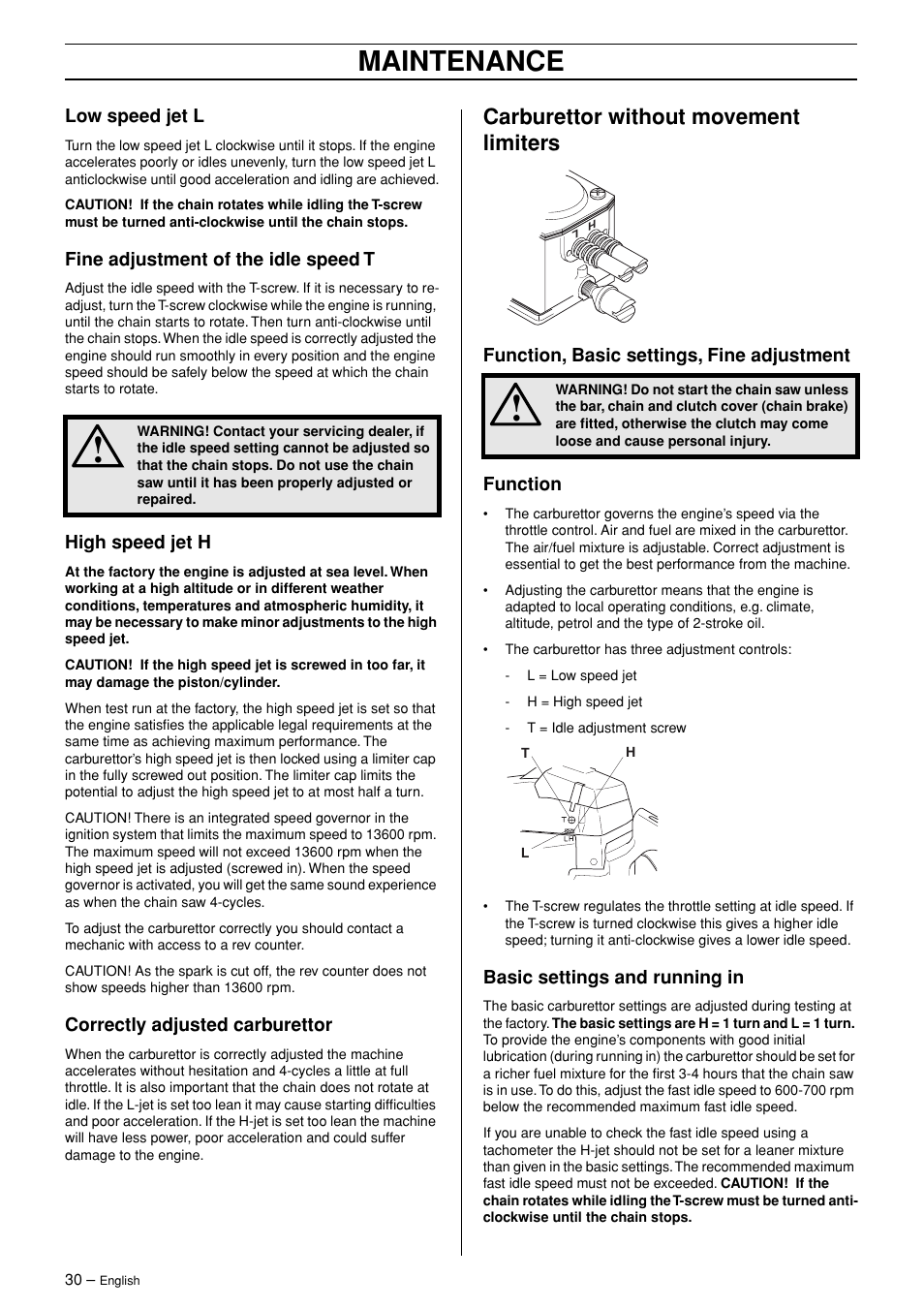 Maintenance, Carburettor without movement limiters | Jonsered CS 2171WH User Manual | Page 30 / 40