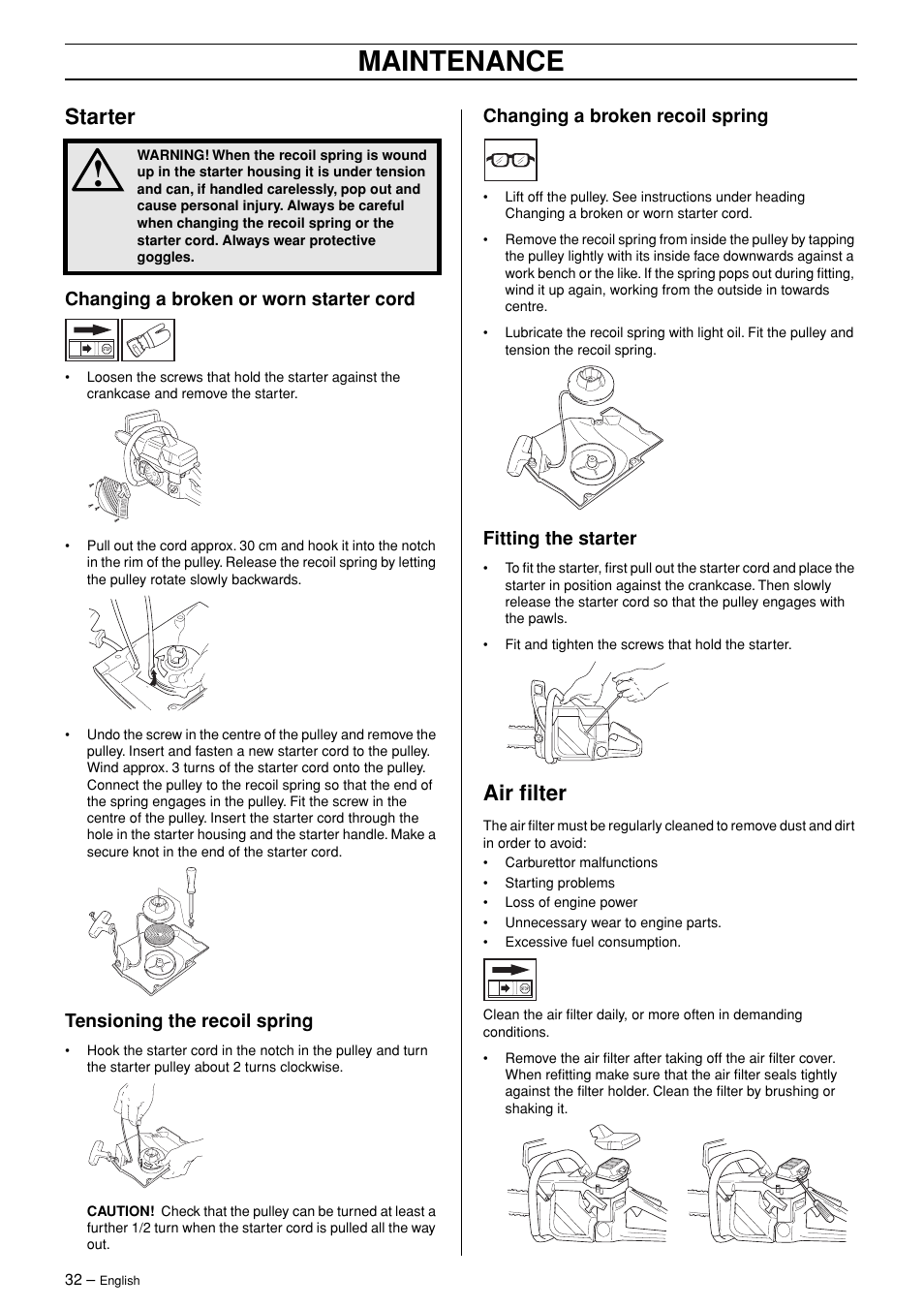 Maintenance, Starter, Air filter | Jonsered CS 2171WH User Manual | Page 32 / 40