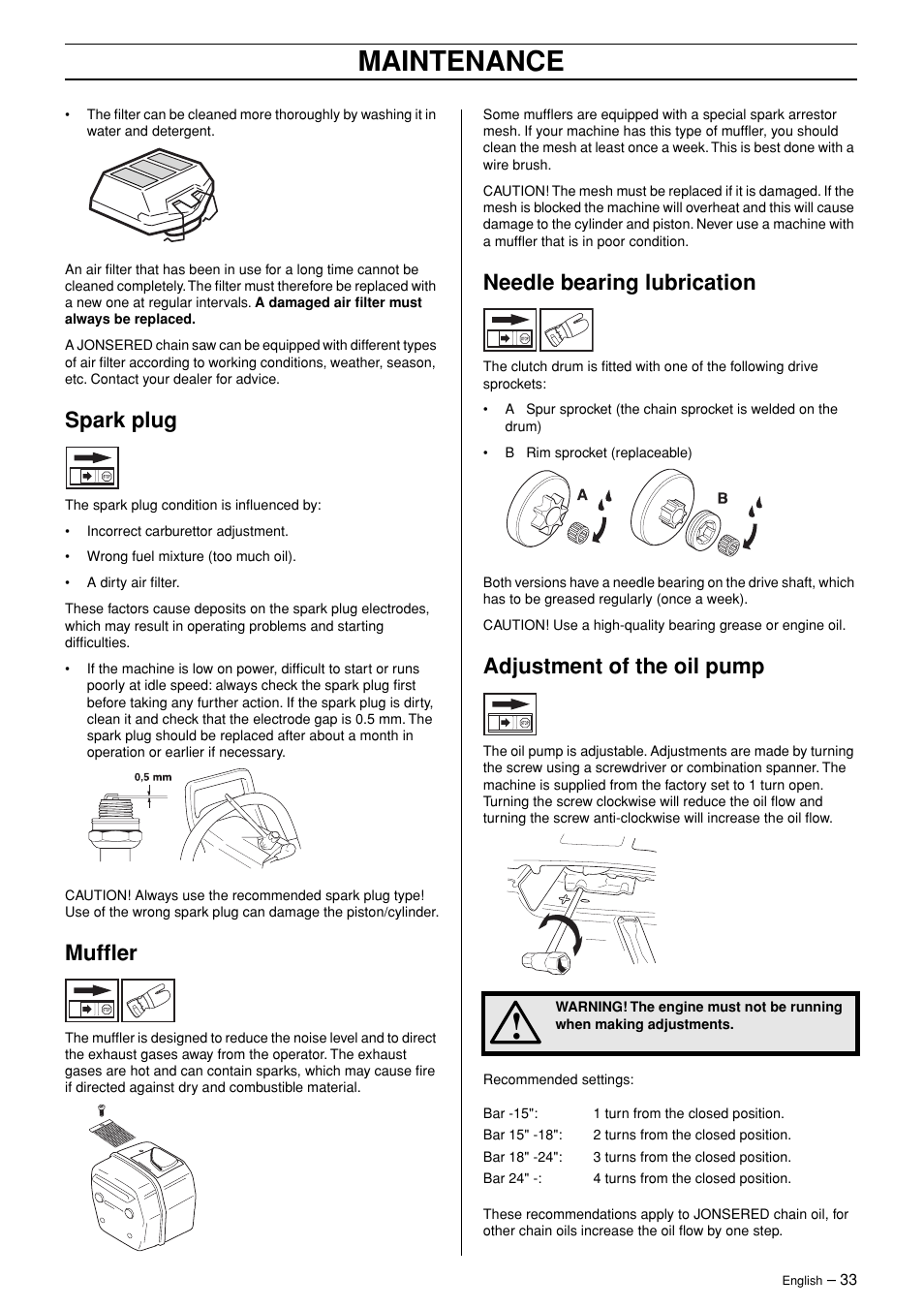 Maintenance, Spark plug, Muffler | Needle bearing lubrication, Adjustment of the oil pump | Jonsered CS 2171WH User Manual | Page 33 / 40