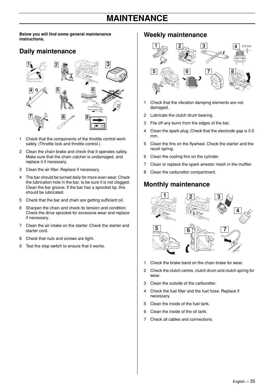 Maintenance, Daily maintenance, Weekly maintenance | Monthly maintenance | Jonsered CS 2171WH User Manual | Page 35 / 40