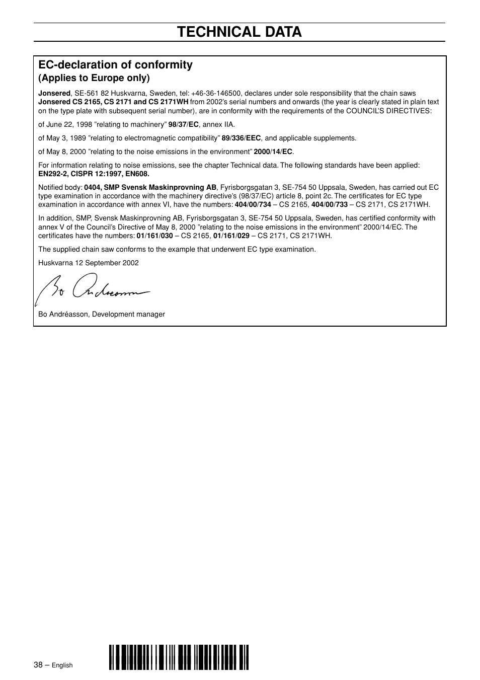 Z*x}t¶6u, Technical data, Ec-declaration of conformity | Jonsered CS 2171WH User Manual | Page 38 / 40