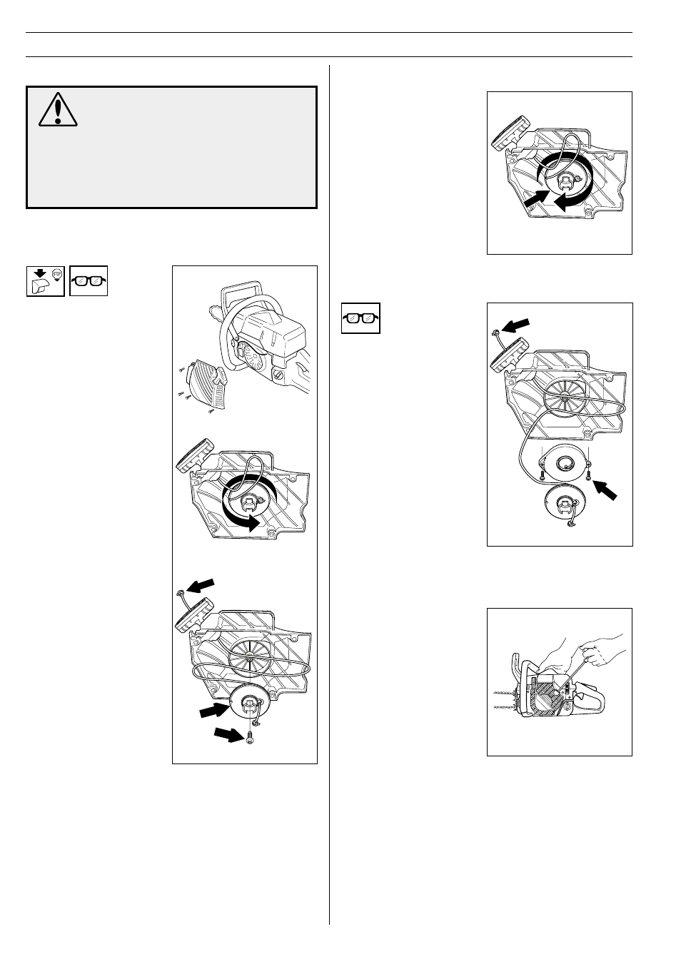 Maintenance, Starter device, Changing a broken or worn starter cord | Tensioning the recoil spring, Starter device assembly, Changing the broken recoil spring | Jonsered 2159 User Manual | Page 30 / 36