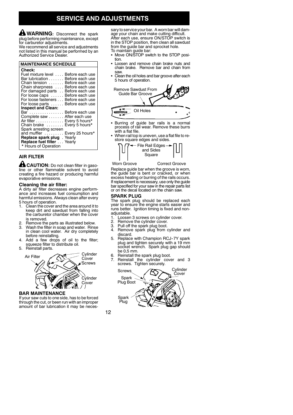 Service and adjustments, Warning | Jonsered CS 2138 User Manual | Page 12 / 15